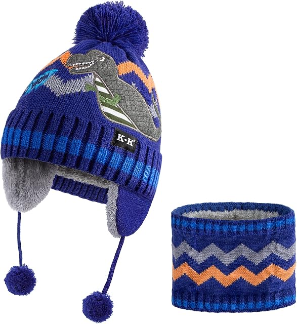 Kids Beanie Hat - Winter Hat and Scarf Set Kids Fleece Lined Bobble Hat Ear Flaps Thermal Knitted Hat Neck Warmer Set Dinosaur Pom Pom Hat with Strap for Boys Girls Childrens Toddler