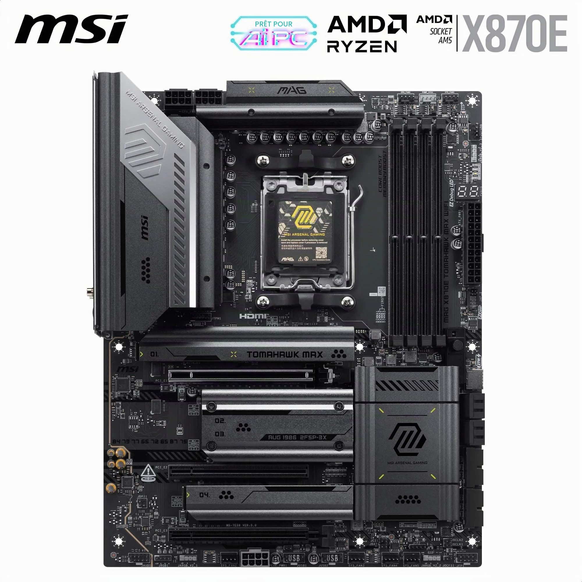 MSI MAG X870E Tomahawk Max WiFi Carte mère, ATX - pour processeurs AMD Ryzen 9000/8000 / 7000, AM5 - VRM 80A SPS, DDR5 Memory Boost (OC jusqu'à 8400+MT/s), PCIe 5.0 x16, 2X M.2 Gen5, Wi-FI 7, 5G LAN