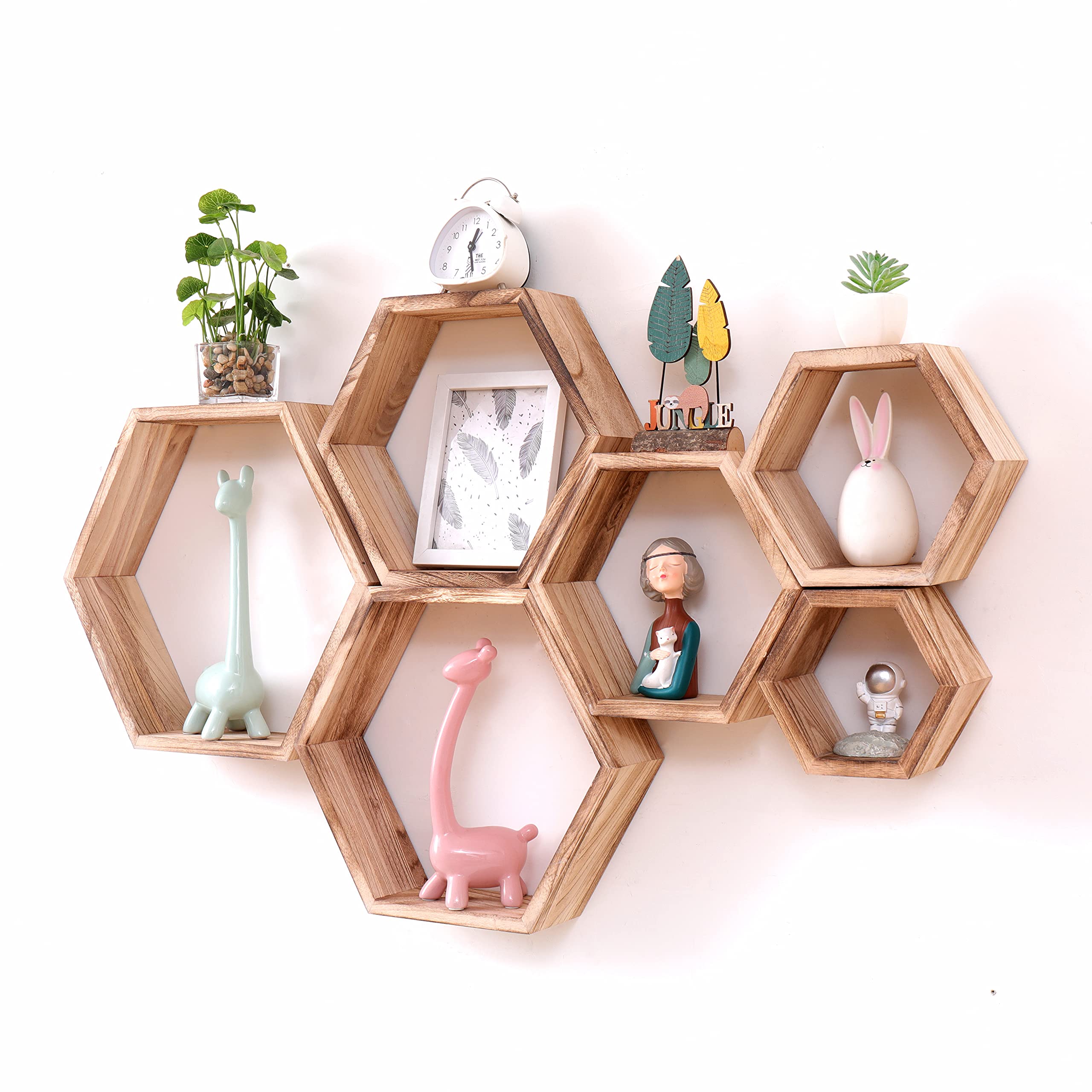 Sechseckige Wandregale Wabenförmige Regale 5er-Set Wandmontierte Holzregale im Landhausstil Wand-Aufbewahrungsregal für Badezimmer, Küche, Schlafzimmer, Wohnzimmer ,Flur, Büro, Dekor- Wanddekoration