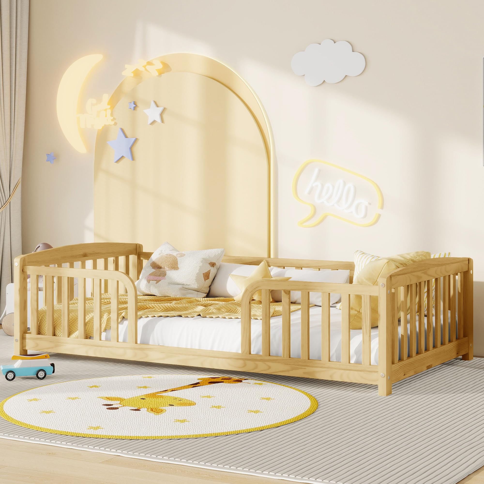 Bellemave Twin Size Montessori Floor Bed Frame with High Fence, Solid Wood Kids Floor Bed with Central Entrance, Low Profile Bed for Boys &amp; Girls, Rounded Corner Design,Natural