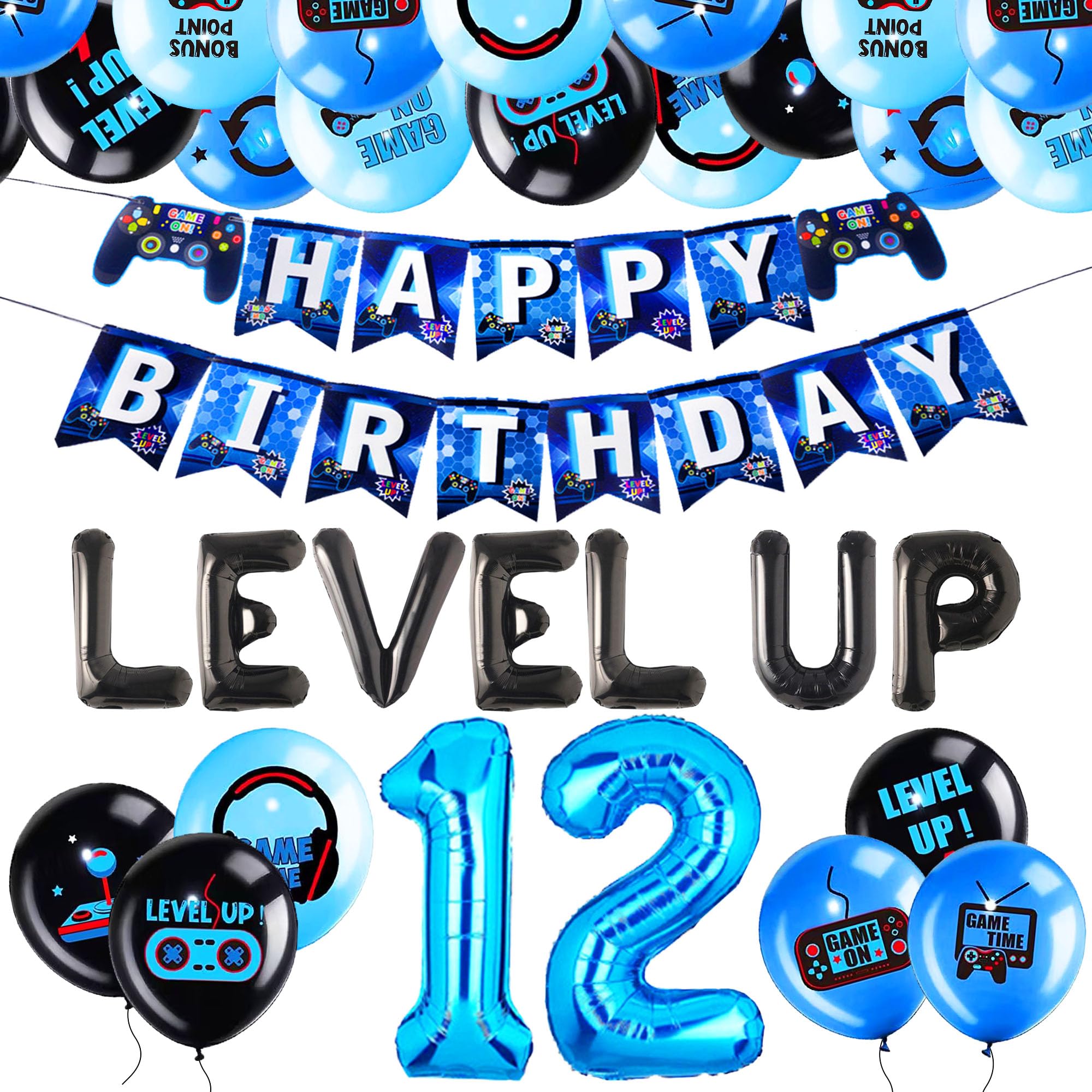 12th Birthday Decorations for Boys Video Game 12th Birthday Party Decoration Blue Video Game Themed Party Supplies set with Level 12 Banner Balloons