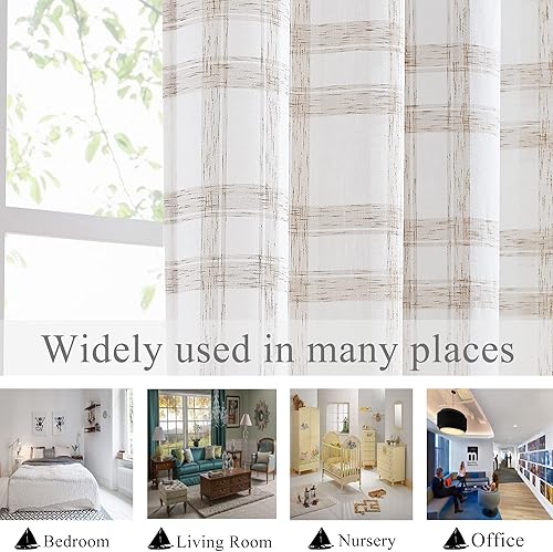 Miniatura 5 de Dos paneles de cortina Randall de lino con diseño geométrico de cuadros para ventana, mezcla de lino, con ojales semitransparentes, estilo rústico,