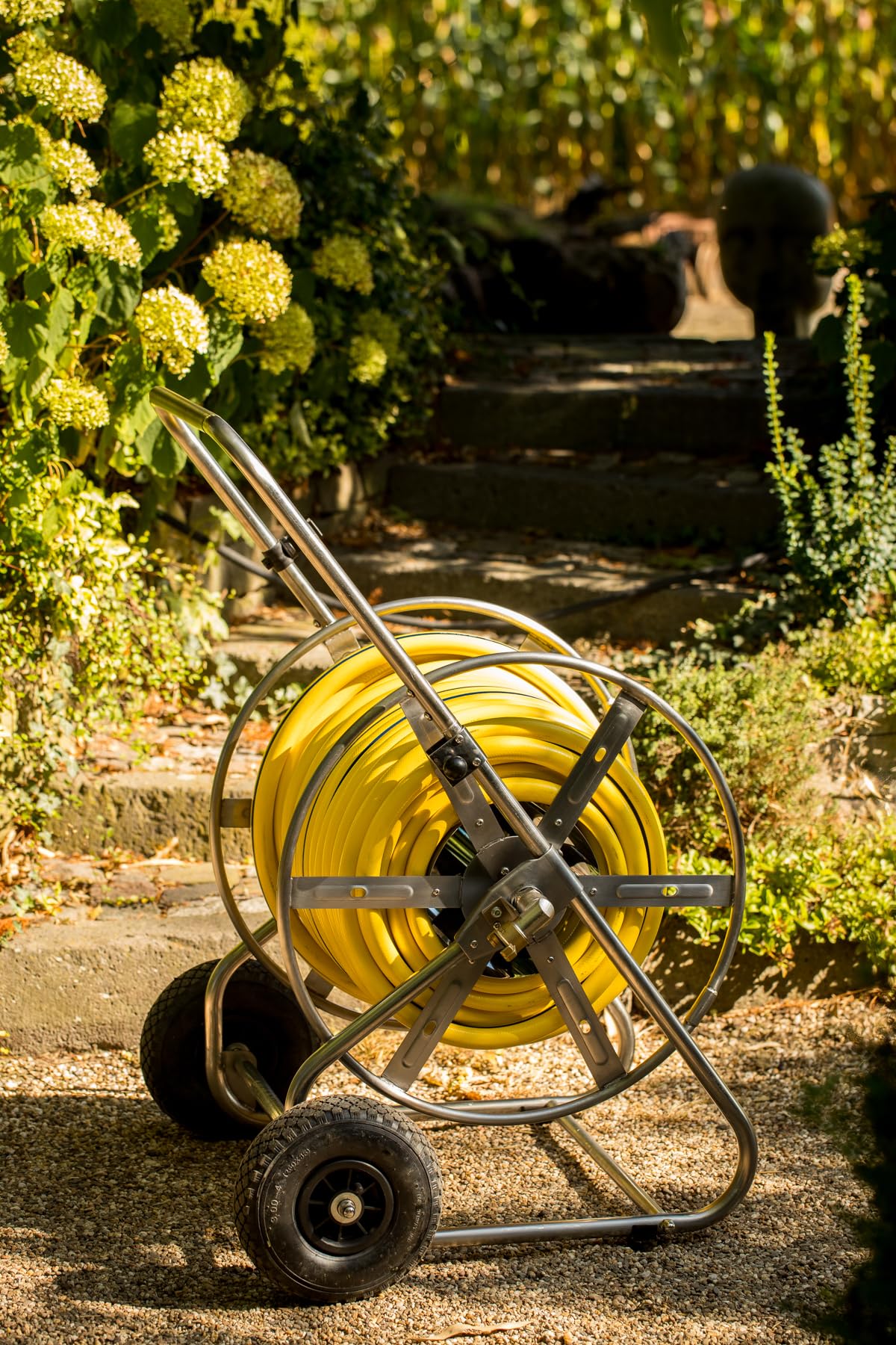 Sirocco Siro Edelstahl Schlauchwagen, 1" Anschluss, Gartenschlauchwagen, Edelstahl/verzinkter Stahl/vernickeltes Messing, 150m Schlauchkapazität, für Garten und Landwirtschaft