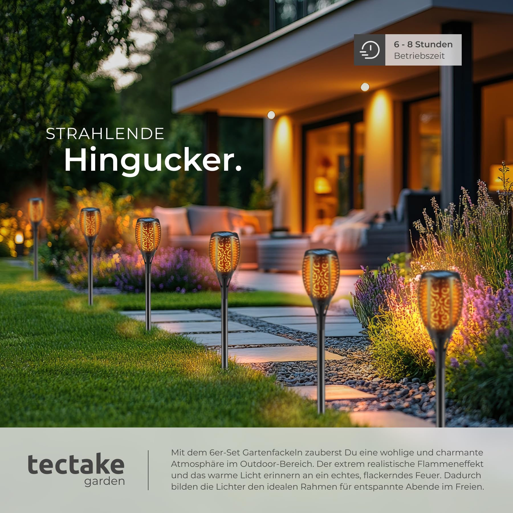 tectake® 6x LED Solarlampen für außen, für Garten, als Wandleuchte, Solar Lampe Fackeln für Draußen, Aussenlampe Wand, Solarleuchten, outdoor Gartenfackeln, Gartenleuchten, Wegbeleuchtung