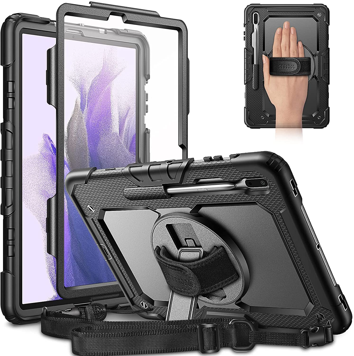 Robustrion Hybrid Armor [Full Body] & [Shock Proof] Case with 360 Rotating Hand Strap for Samsung Galaxy Tab S8 Plus/Tab S7 Plus/Tab S7 FE Tablet Cover 12.4 inch with S Pen Holder - Black & Black