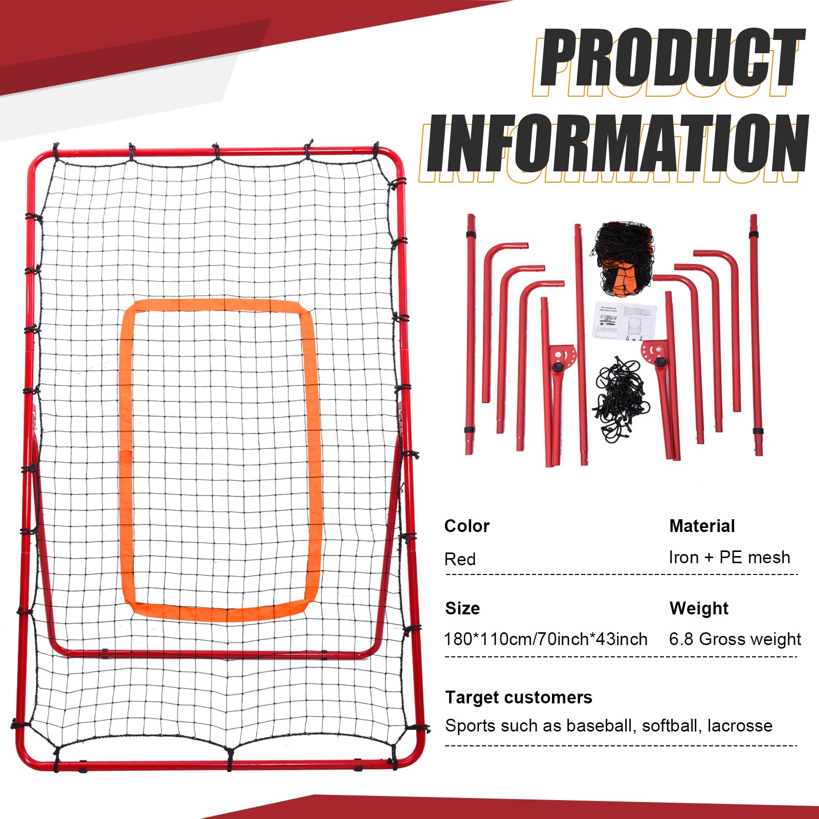 Volleyball Rebounder Net, 6 X 4 FT Baseball Rebounder Net With Adjustable 4 Angles, 4 Ground Stakes, Pitch Back Rebounder Net With Robust Steel Frame & PE Netting, Easy Setup Bounce Back Training Aids