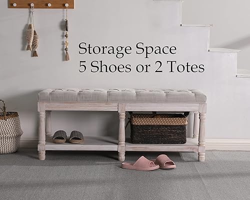 Miniatura 3 de Janoray Banco de almacenamiento estilo granja con tapicería y asiento acolchado en madera para dormitorio, organizador para el extremo de la cama y