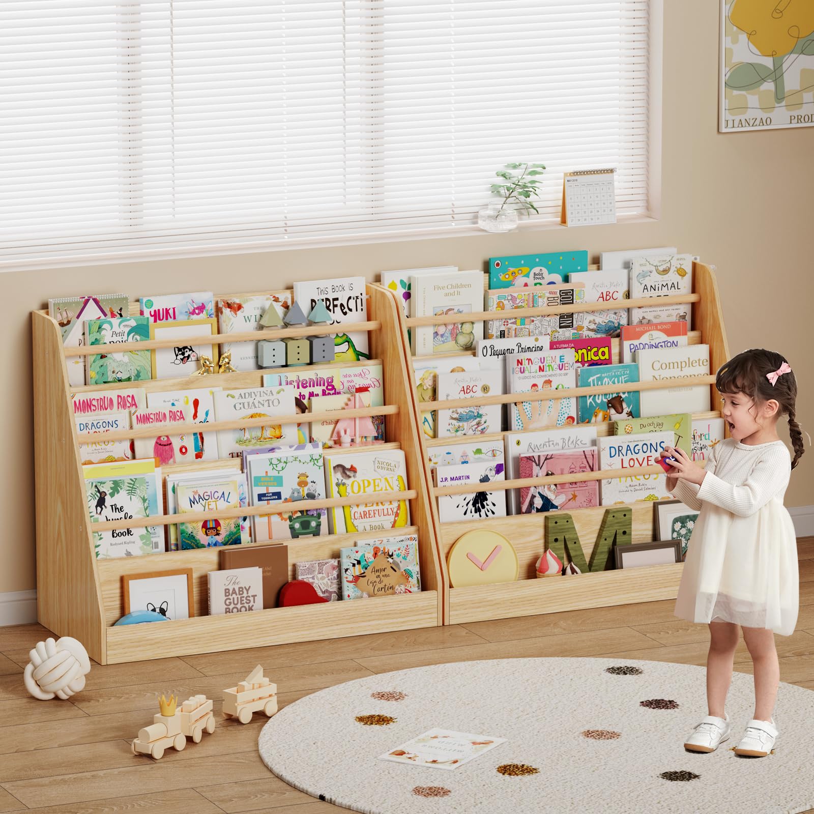 Estantería para niños, estante de madera de 4 niveles para niños, estantería Montessori para habitación infantil, estantería infantil para guardería y aula (natural) 4