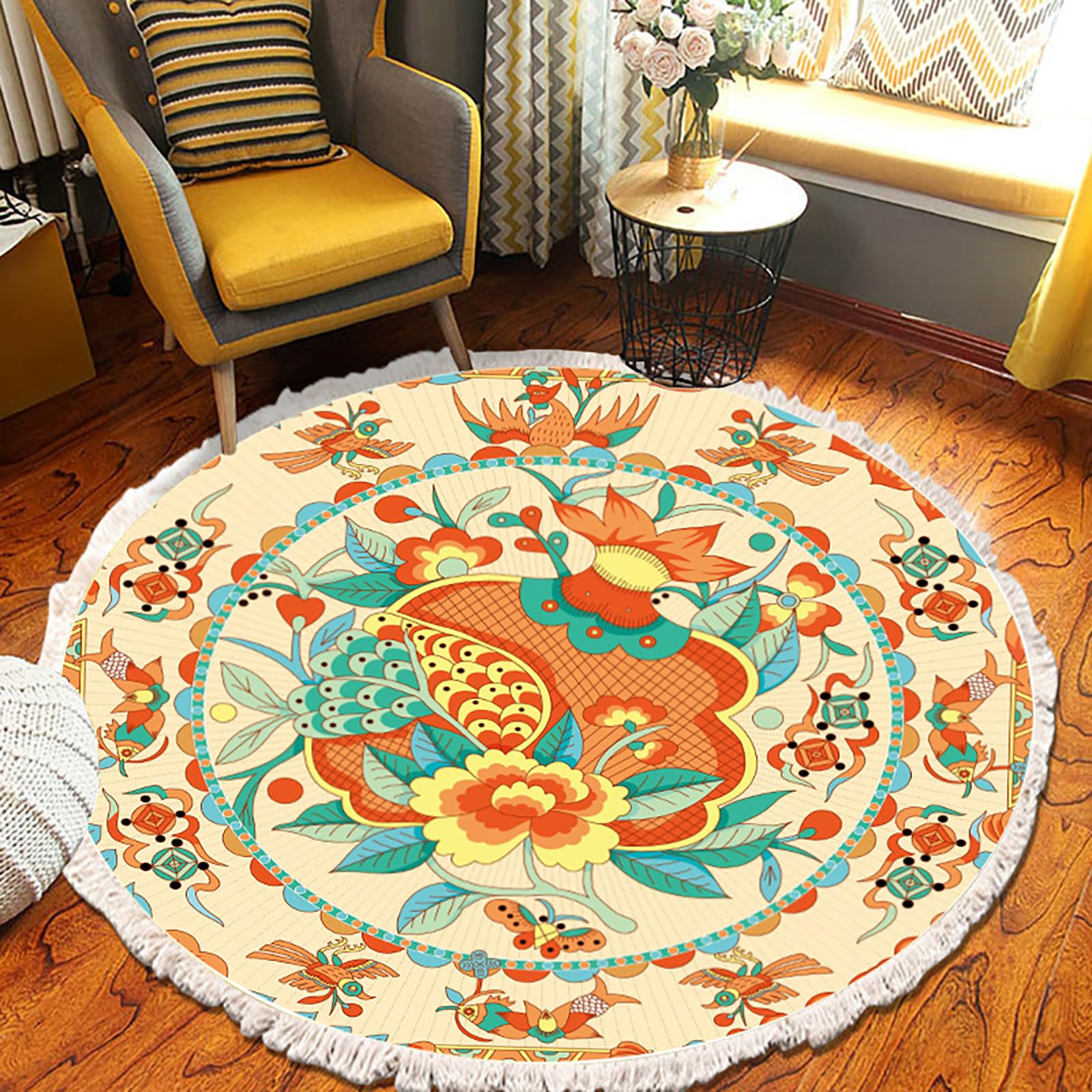 Tapis rond bohème doux 120cm avec motif floral géométrique multicolore