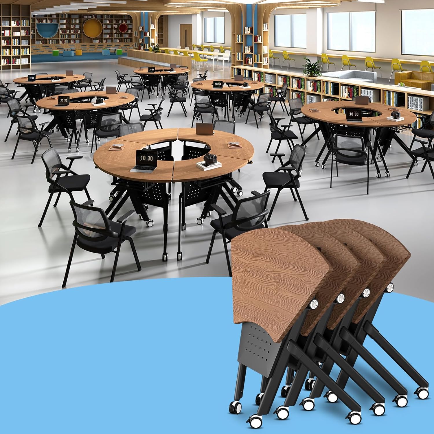 Folding Conference Table with Wheels,Conference Room Table Flip-top Design Modular Rectangular & Fan-Shaped Space-Saving Modern Mobile Training Table for Office Classroom Home (4, A3, L35.4in)