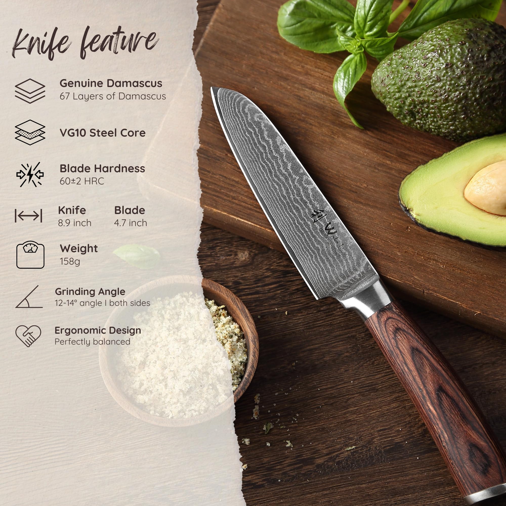 WAKOLI Edib Petit Couteau Santoku en Damas I Lame tranchante de 12 cm en acier damassé à 67 couches avec noyau VG10 et manche en bois de pakka I Couteau de cuisine professionnel & couteau damassé