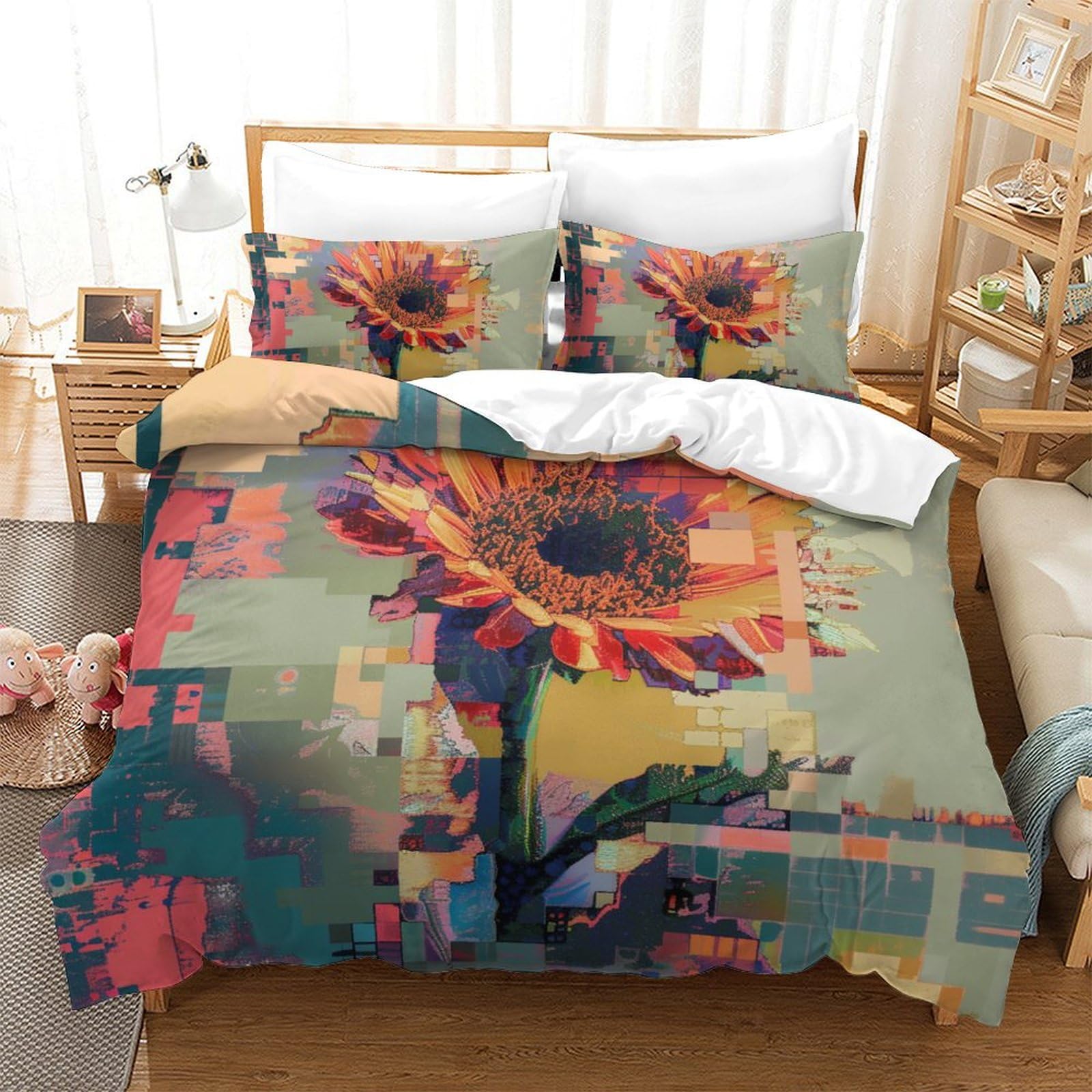Parure de lit 220x240 motif abstrait moderne avec housse de couette zippée et taies d'oreiller