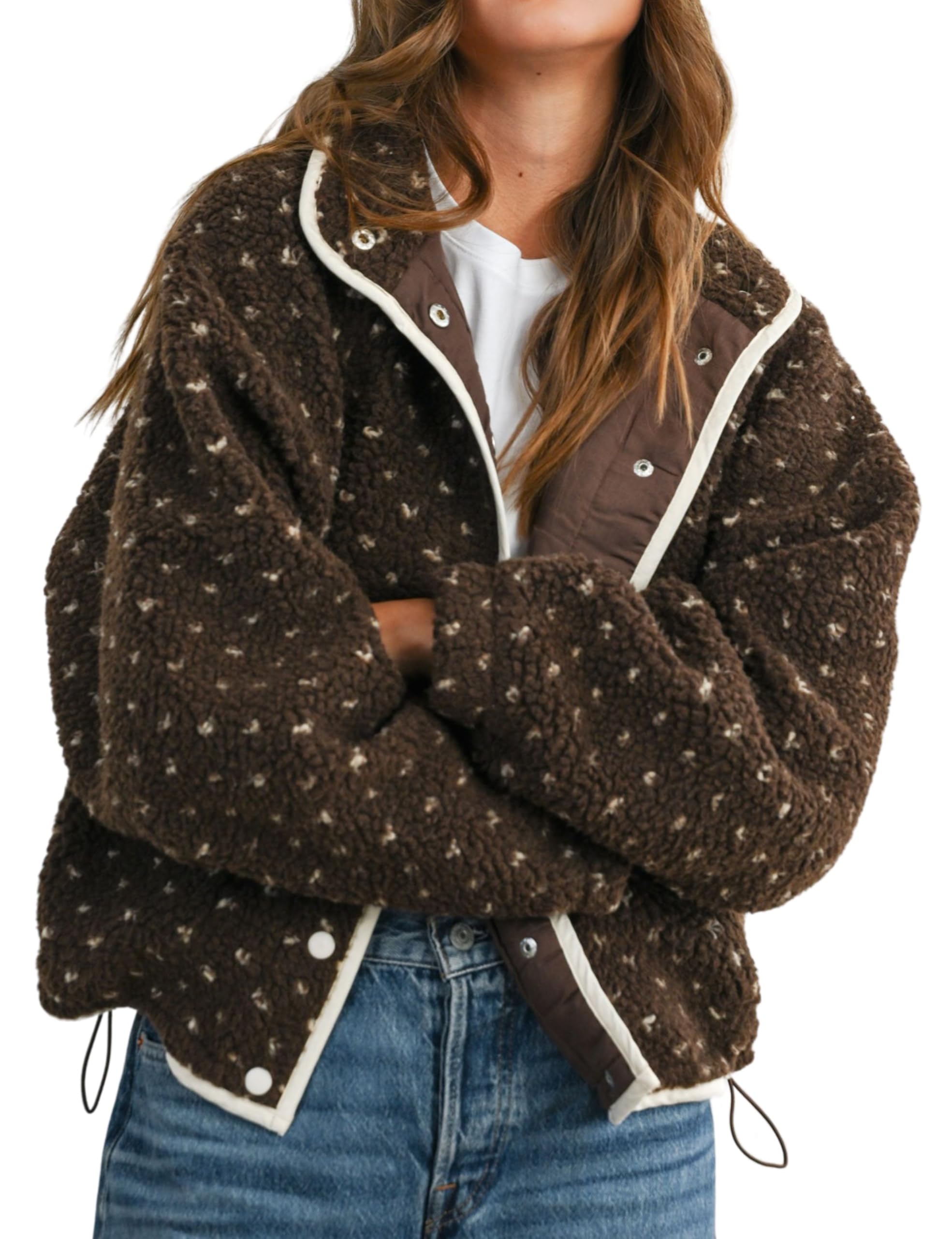 Womens Fleece Jacket Button Down Lapel Collar Sherpa Jackets Long Sleeve Contrast Quilted Outerwear