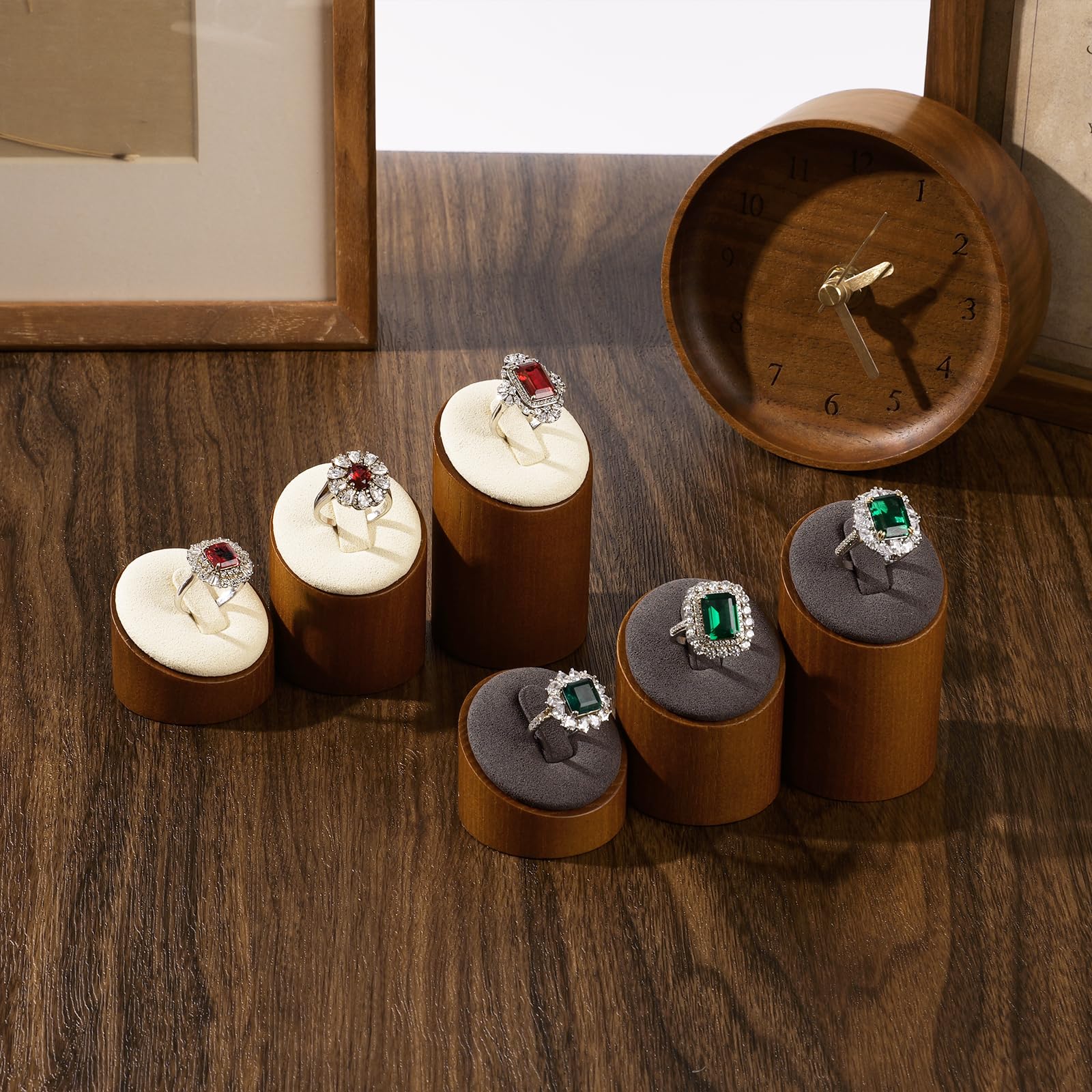 Oirlv Supporto Per Anelli e Gioielli in Legno Massiccio, 3 Pezzi, Display per Contatore Gioielli (Grigio Scuro)