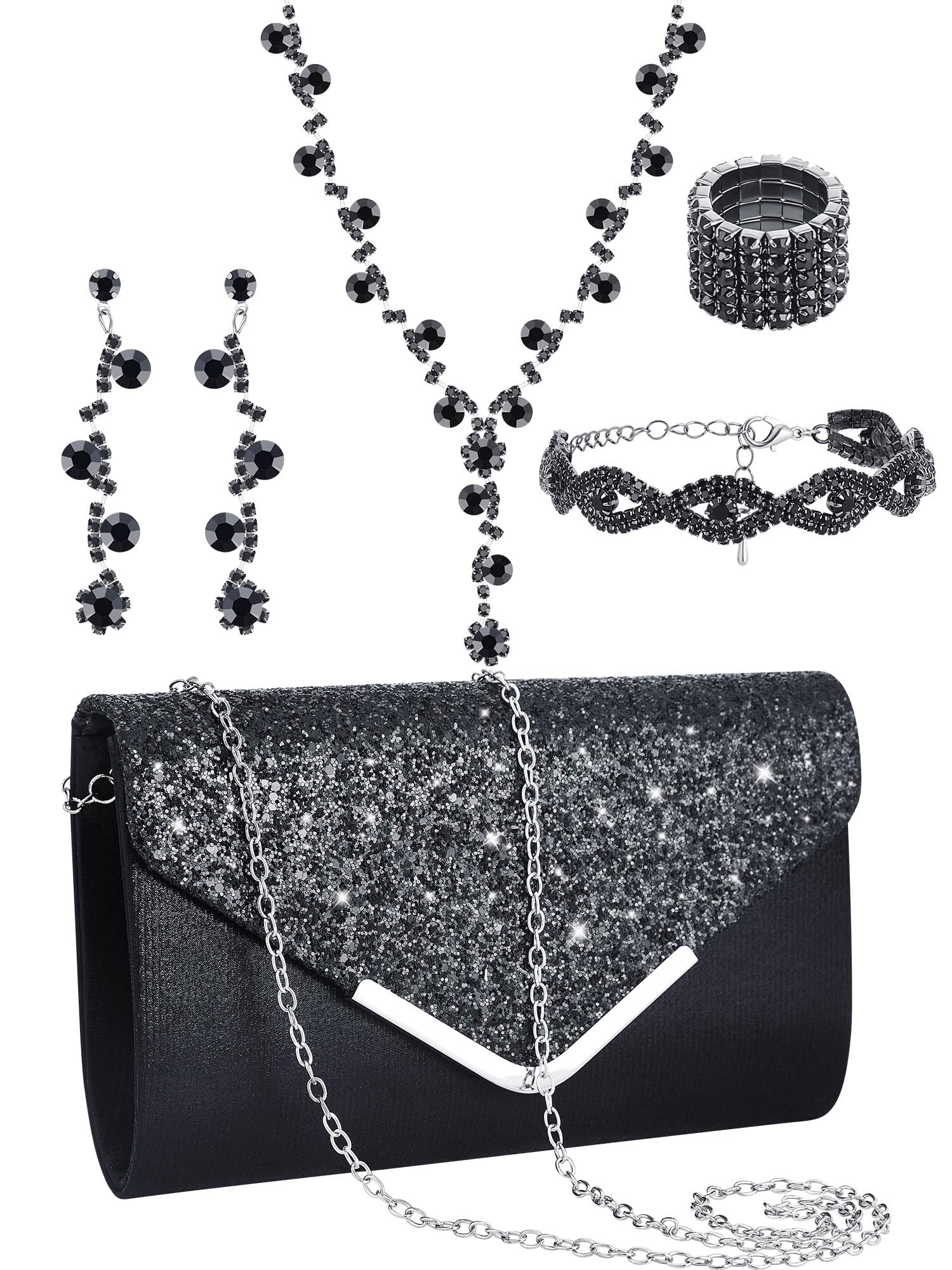 5 Pcs Purse Rhinestone Jewelry Set Prom Jewelry Rhinestone Clutch Purse Necklace Earrings Bracelets for Women Bride