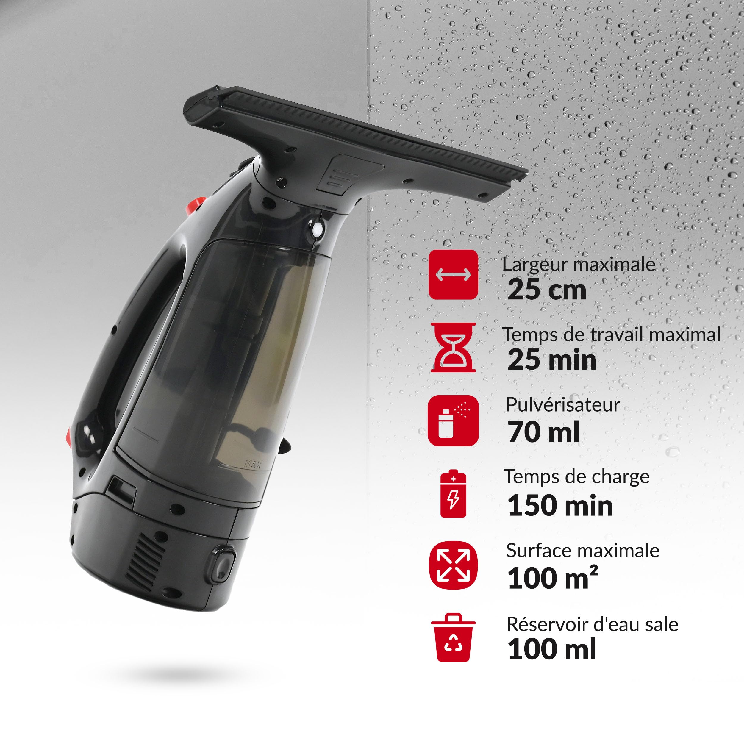Lehmann Nettoyeur de Vitres sans Fil avec Raclette Supplémentaire, Aspirateur de Fenêtre 25 cm, Lave Vitre Électrique avec Pulvérisateur, Lance Télescopique & Microfibre