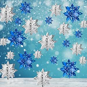 OuMuaMua Winter Christmas Snowflake Decorations Indoor, 24PCS 3D Silver Blue Snowflakes Christmas...