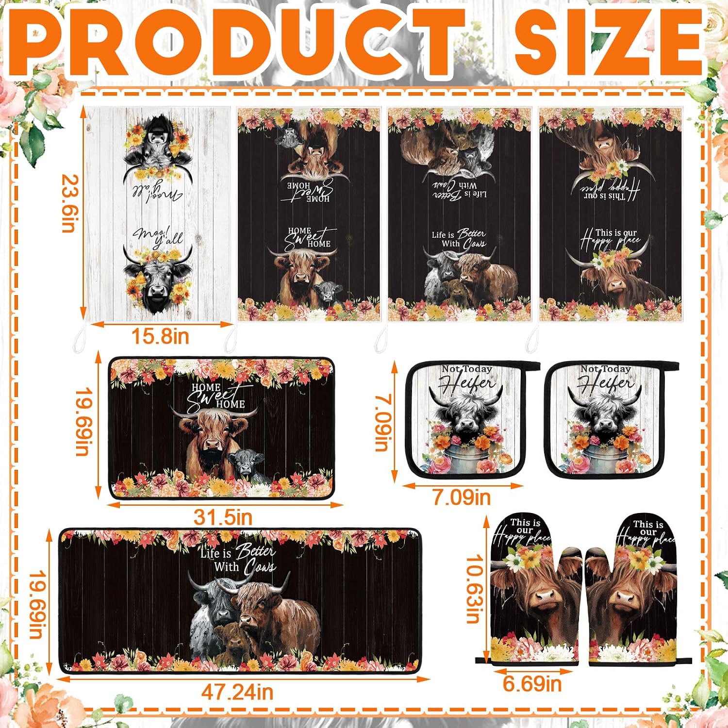 Fourluoo 10 Pcs Highland Cow Flowers Kitchen Decor Set Kitchen Towels and Rugs Oven Mitts and Pot Holders Farmhouse Rustic Decor Set for Cooking Baking Grilling Women Mom Gift