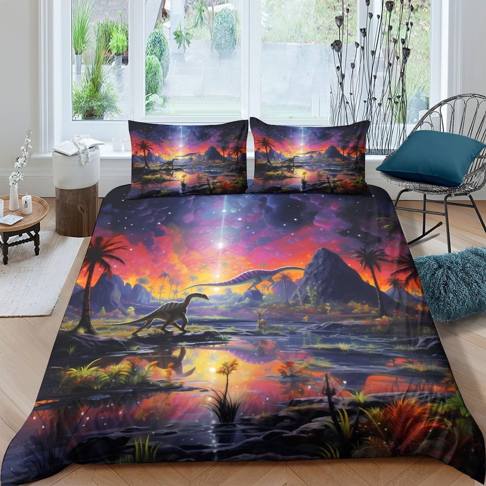 Ctjqhvkz Style-9 3D Printed Sunset Dinosaur Landscape Fitted Sheet Microfiber Soft Breathable Volcano Bed Cover For Bedroom Dorm Decor Single（135X200cm）