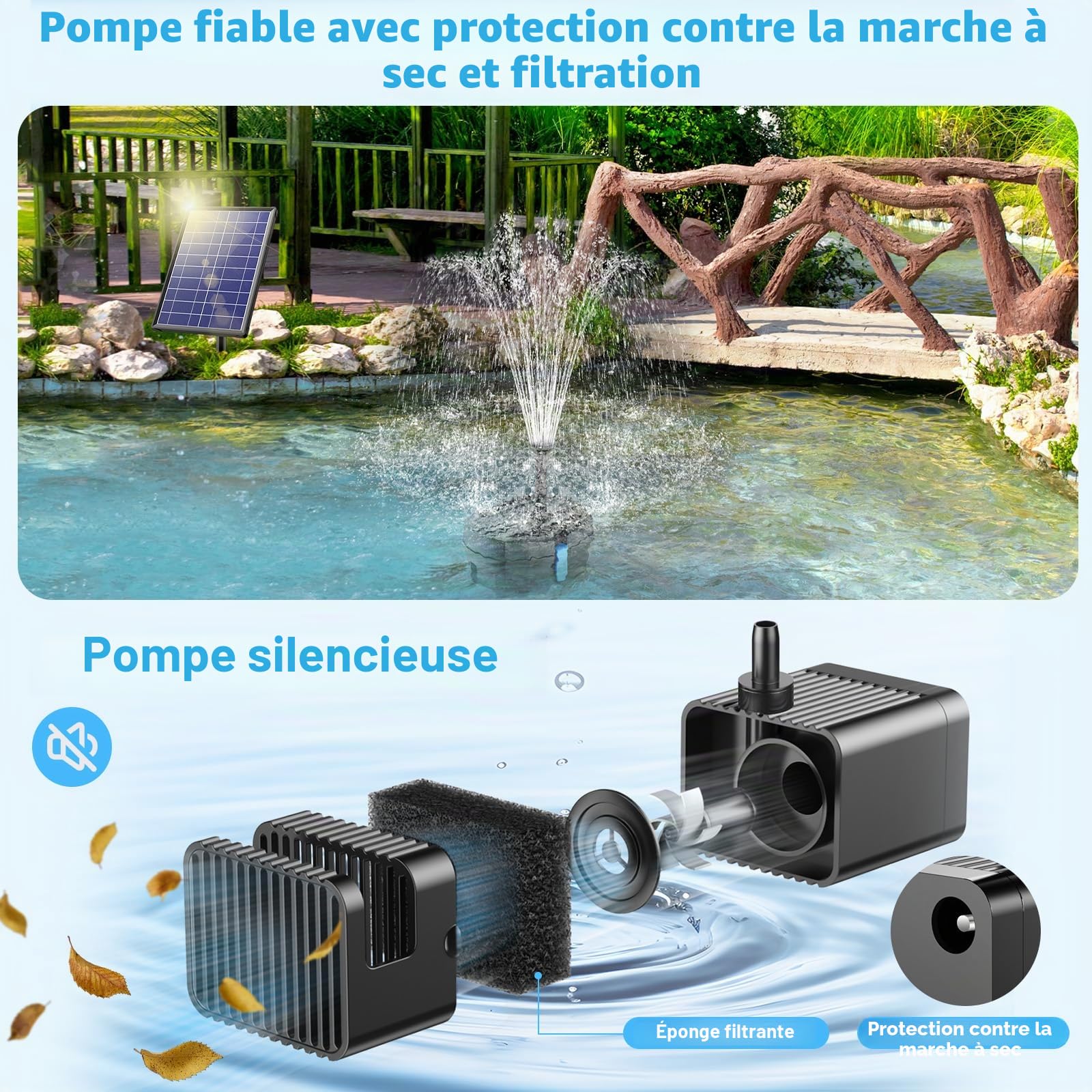POPOSOAP Filtre de bassin solaire avec fontaine, fontaine solaire 8W avec système de filtration, 8 modes de pulvérisation et batterie de secours de 3600mAh, pour petits bassins extérieurs, abreuvoirs