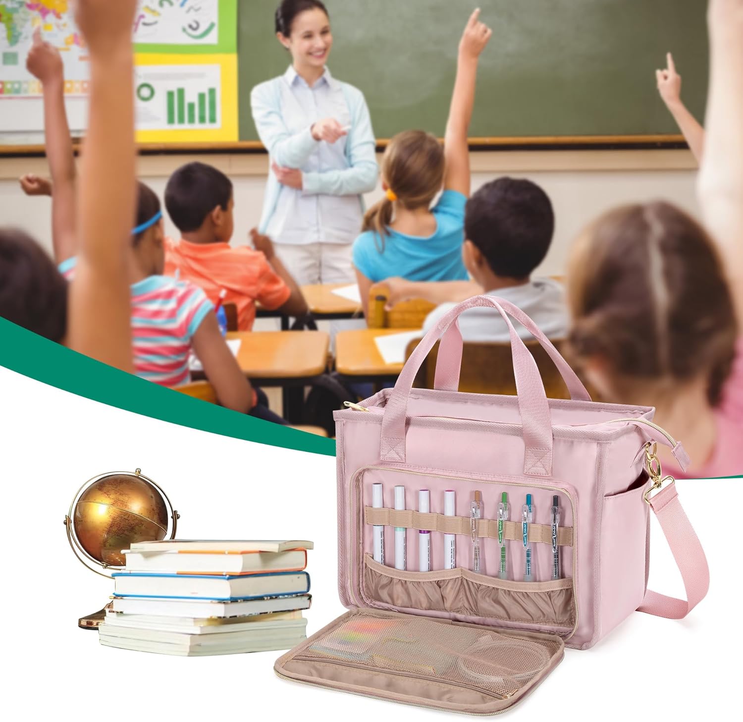 Teacher Tote Bag for Women, Work Tote Bag with Pocket for College and Office, Pink - Image 8