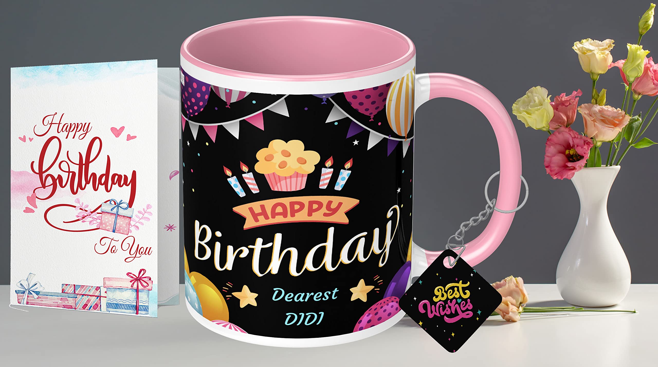 NH10 DESIGNS Happy Birthday Dearest Didi Printed Light Pink Text Quote Family Name Printed Mug with Keychain and Greeting Card For Didi Written Mug Birthday Gift For Didi Mug Gift For Didi (Microwave Safe Ceramic Tea Coffee Mug- 350 ML) (HBD3TMKC 51)