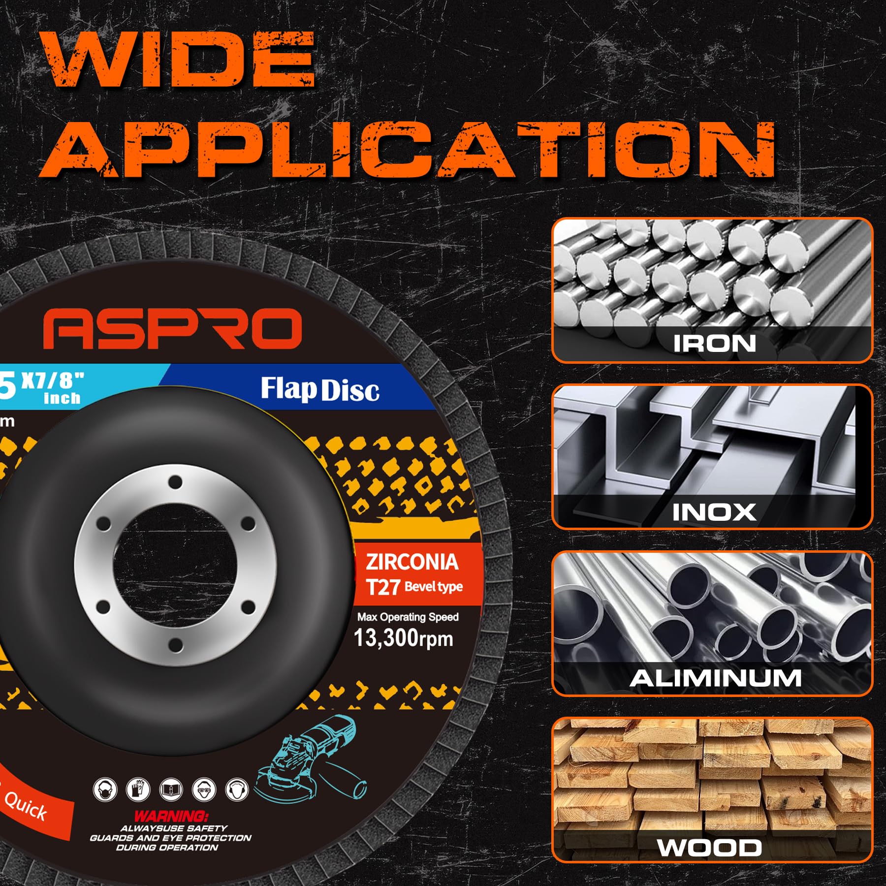 ASPRO Discos de solapa de 4 1/2 para amoladora angular, discos abrasivos de circonita de grano 40 de 4.5 x 7/8 pulgadas T27 para lijado de metal, molienda y madera, paquete de 40