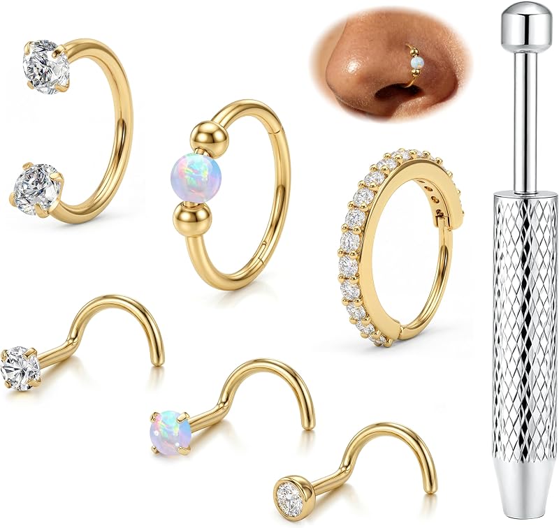 ORAZIO 6 Pièces Piercing Nez Acier Chirurgical Femmes Plaqué Or 14K Percing Au Nez Or/Argent Helix Piercing Piercing Nez Anneaux L/S Septum Nez Piercing