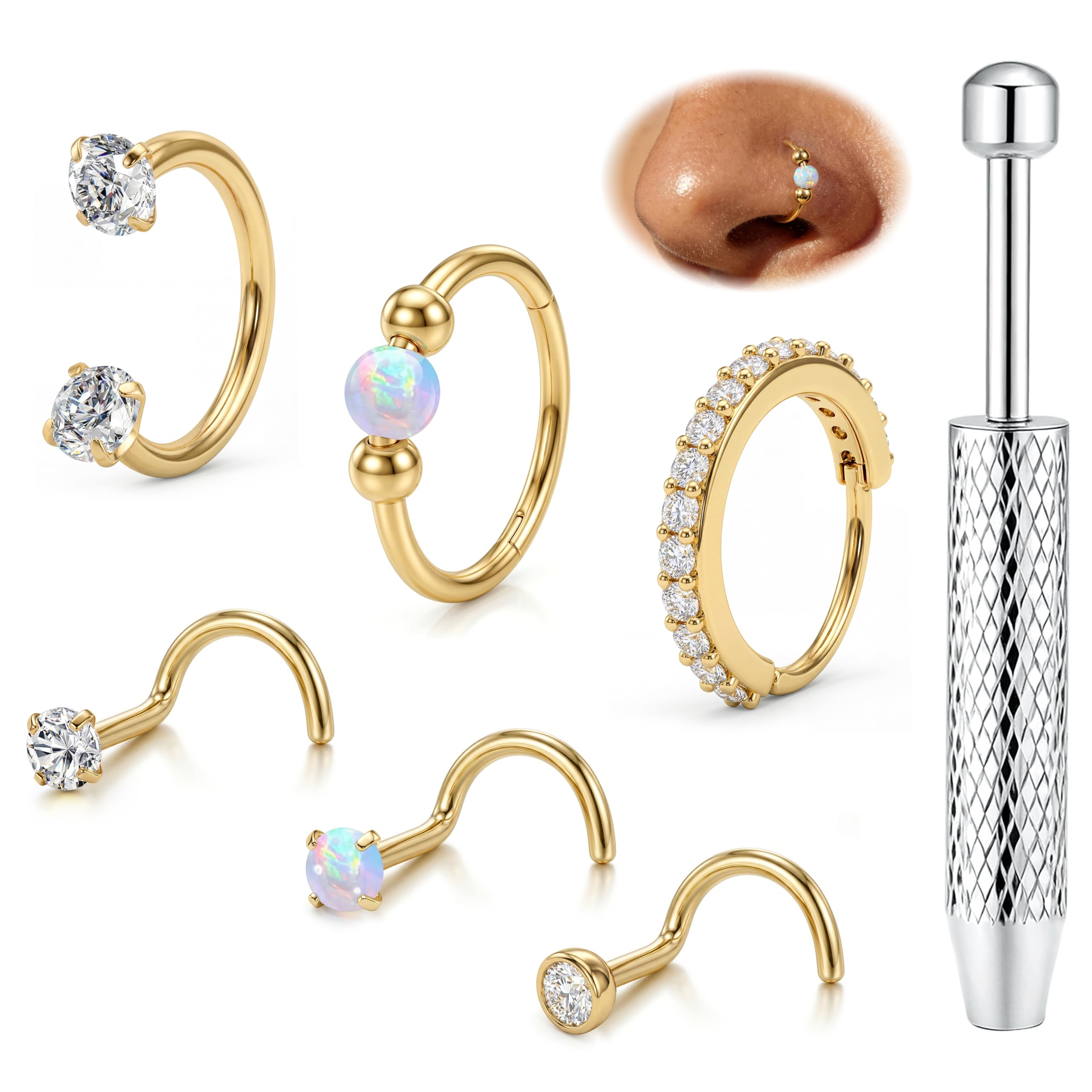 ORAZIO 6 Pièces Piercing Nez Acier Chirurgical Femmes Plaqué Or 14K Percing Au Nez Or/Argent Helix Piercing Piercing Nez Anneaux L/S Septum Nez Piercing