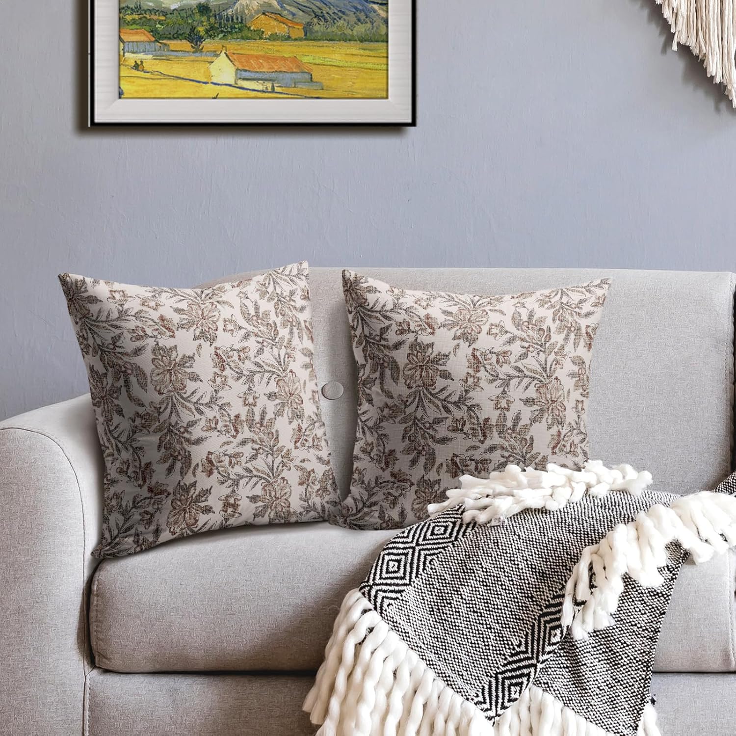 Robvobe Floral Block Print Pillow Covers 24x24 Set of 2 Vintage Flower Brown Grey Decorative Throw Pillows Outdoor Rustic Farmhouse Pillowcases Cushion Case Decor for Home Sofa Couch Bed