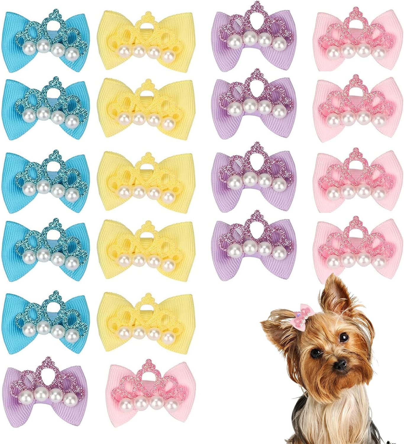 Dog Hair Bows with Rubber Bands, 20 Pcs Cute Crown Pearl Bow Dog Hair