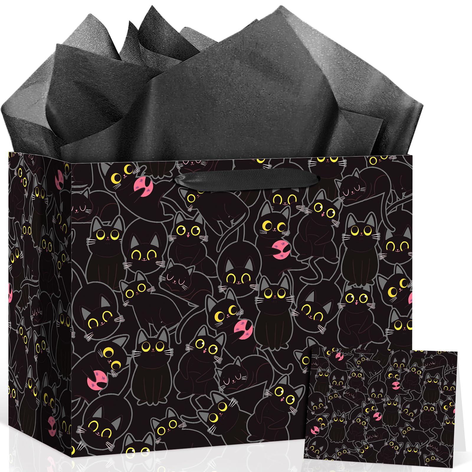 Black Cat Gift Bag,Funny Cat Birthday Gift Wrapping Paper Bag Black Meow Party Decorations with Card and Tissue Paper for Girl Boy Baby Shower Christmas Party Favor Supplies