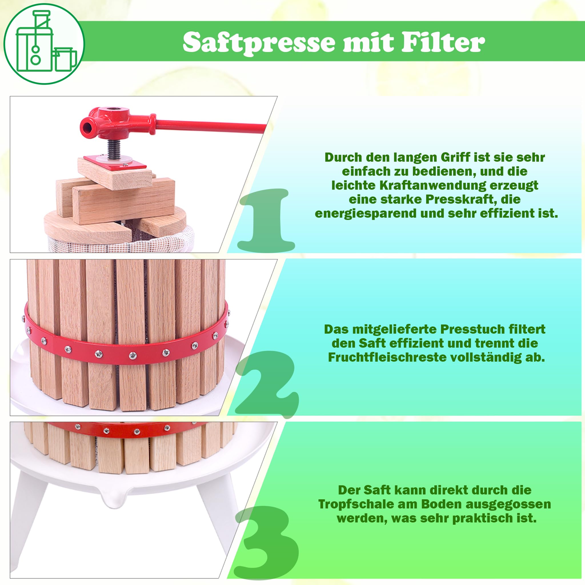 SUBTLETY Presse-fruits manuel 6 l - Presse-agrumes - Presse-fruits portable - Presse-pommes - Avec manivelle et filet de presse pour baies, jus de fruits, jus de pomme