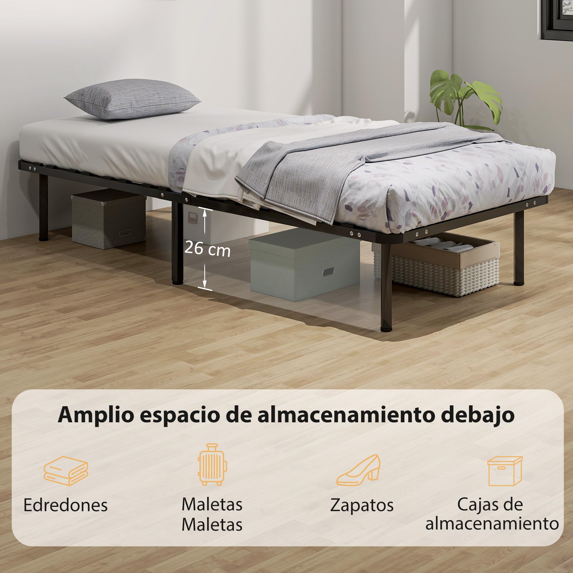 HOMCOM Somier 90x190 cm, Altura 26 cm, Estructura de Cama de Plataforma de Acero con Espacio de Almacenamiento Debajo y Láminas de Álamo, Fácil de Montar, Carga 300 kg, Negro