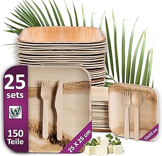 Bio Palmblatt Geschirr Set mit Holz Besteck - je 25 große Teller und Dessertteller, 50 Gabeln, je 25 Messer und Löffel - ähnl. Bambus-Teller Einweg