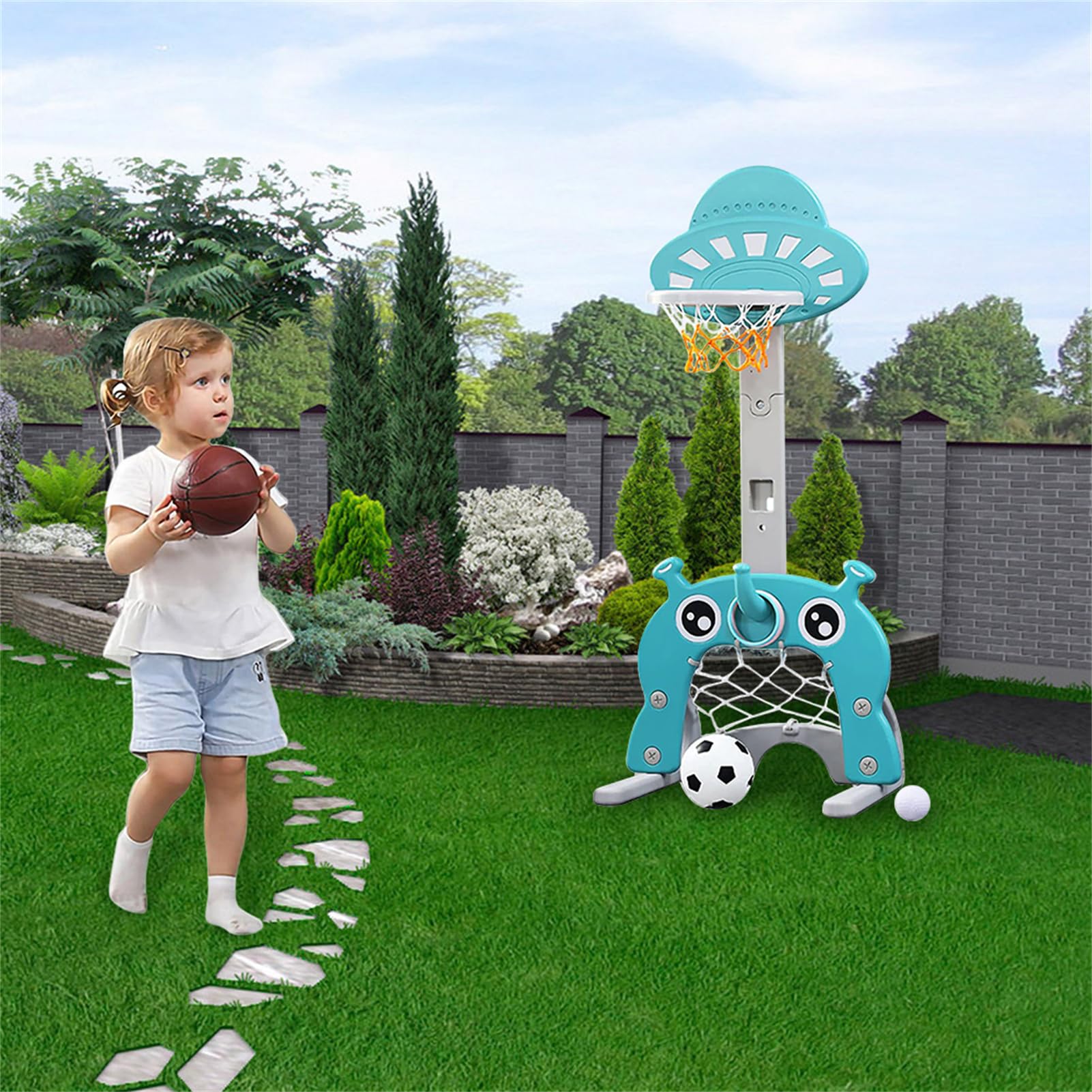 HUOLE Ensemble de Basket 3-en-1, Hauteur Ajustables Inclus Jeu de Basketball, Football et Golf, Support de Jeu UFO surélevé et renforcé (Basket, Football, Golf, Ring, Pompe) Bleu Clair