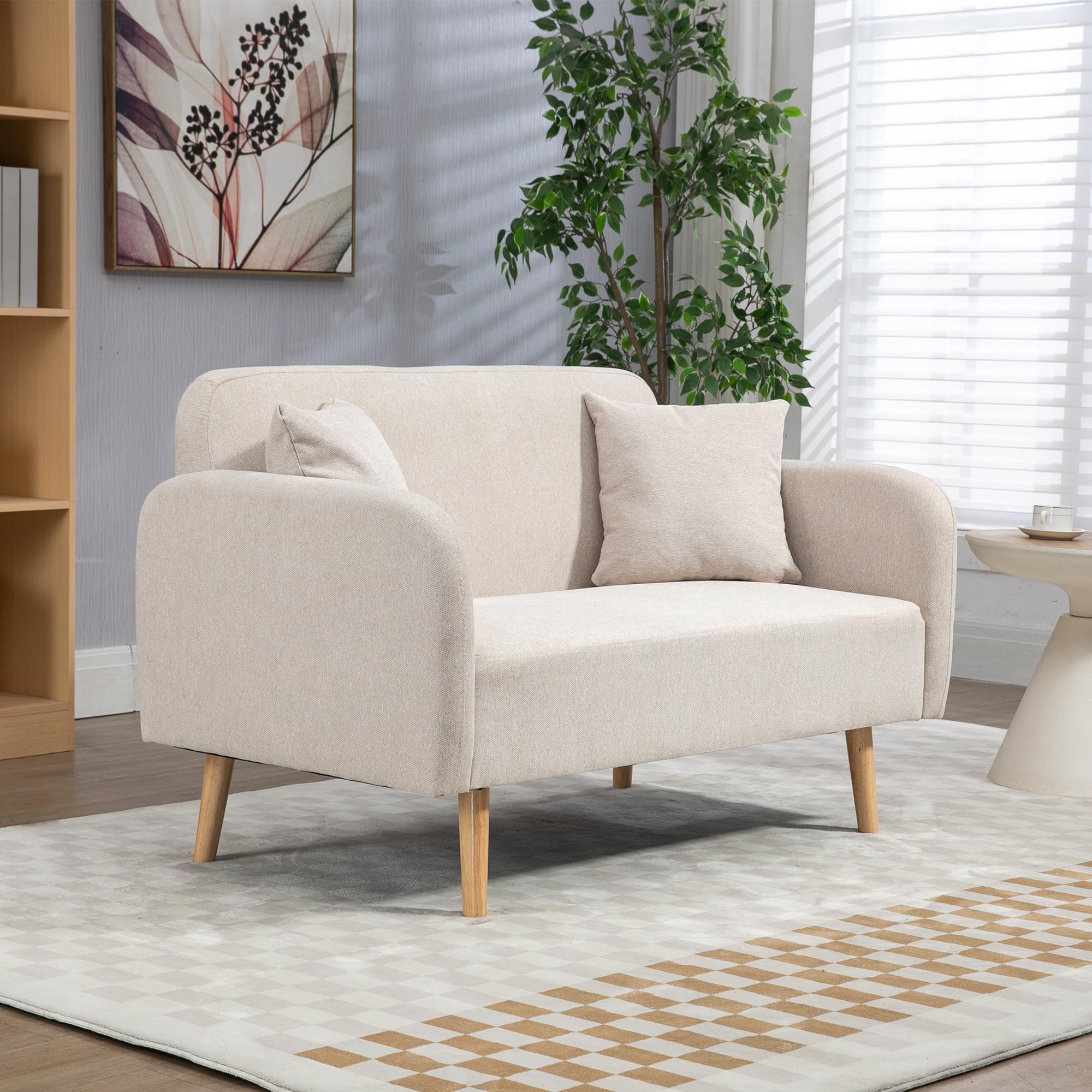 HOMCOM Sofa 2 Sitzer Couch mit 2 Wurfkissen Samtopik Creme 130 x 70 x 80 cm | Kleine Loveseat, Modern Polstersofa, Wohnzimmer, Schlafzimmer, Kleinen Raum