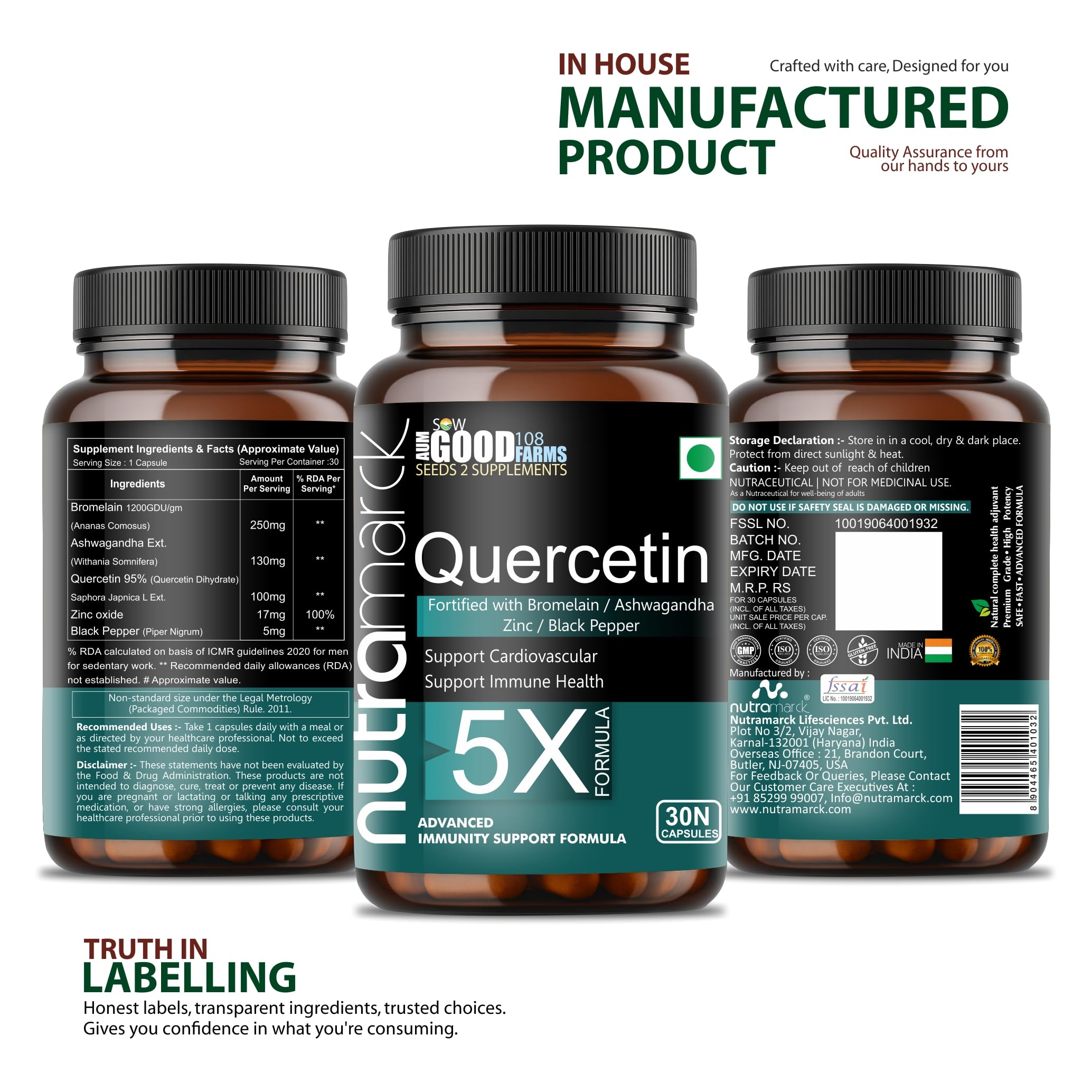 NutraMarck Quercetin With Bromelain Capsules | Natural Flavonoid | For Immune & Respiratory Health Support | For Men & Women | Non-GMO, No Added Sugar & Gluten Free - 30 Capsules