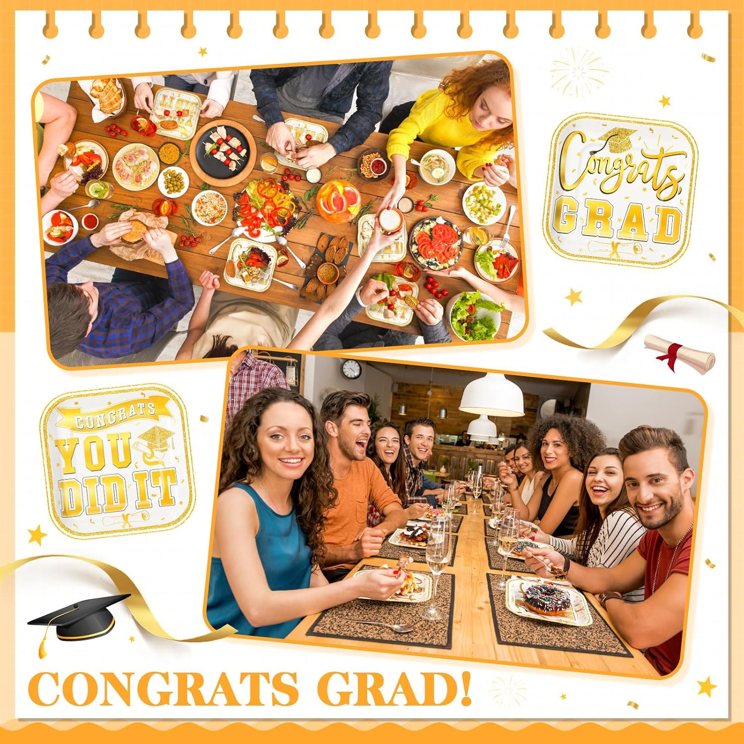 FoldTier 200 Pcs 2026 Graduation Party Dessert Plates Bulk 7 x 7 Inch Congrats Grad Paper Disposable Square Dessert Dinner Plates for Graduation Cocktail Supplies Party Decor (Square,Gold)