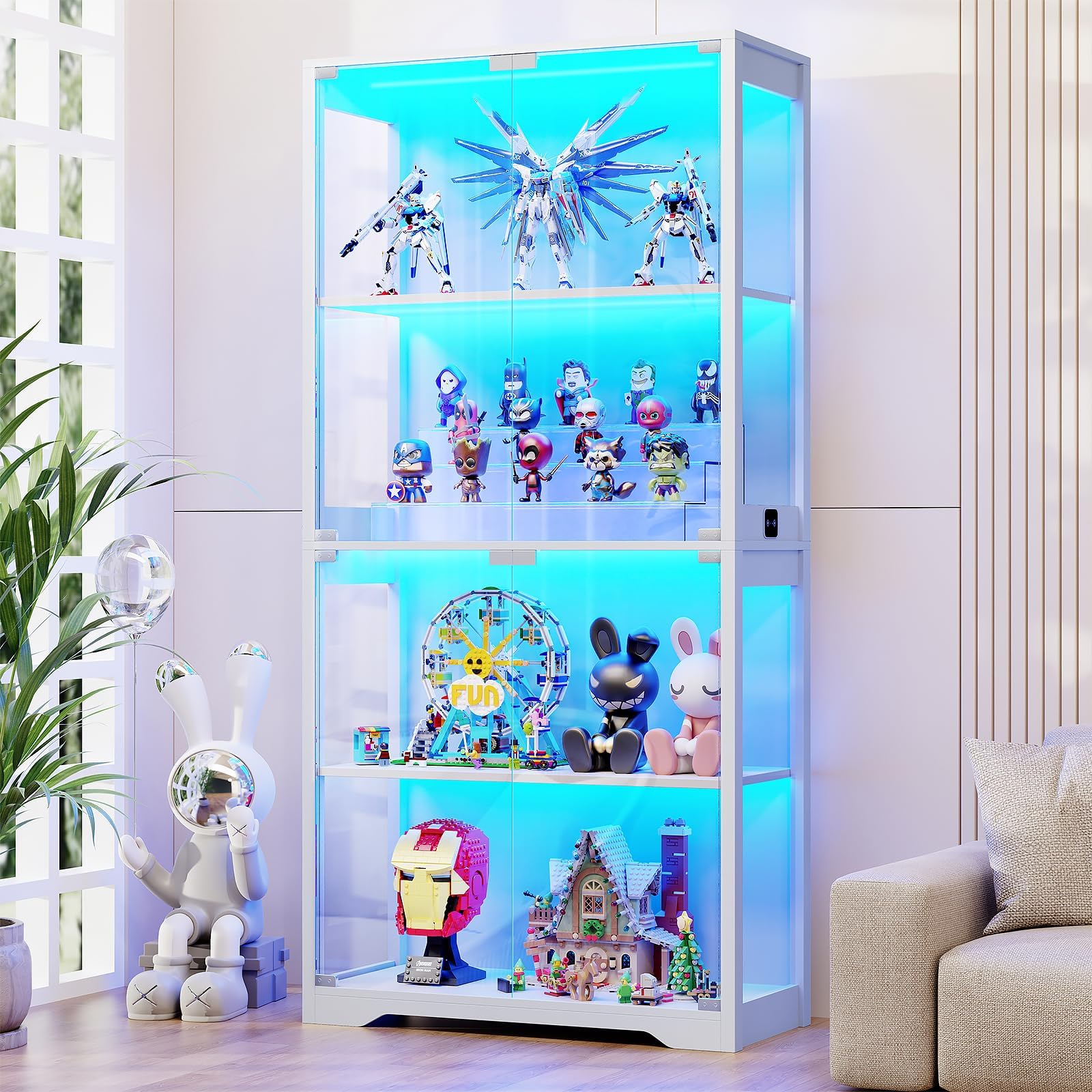 BROTTAR Display Cabinet with Glass Doors, 4-Tier Curio Cabinet with 3 Color Lights for Collectibles, Glass Display Case with Human Body Sensor, Bookcase with 4 Shelves, Storage Cabinets, White