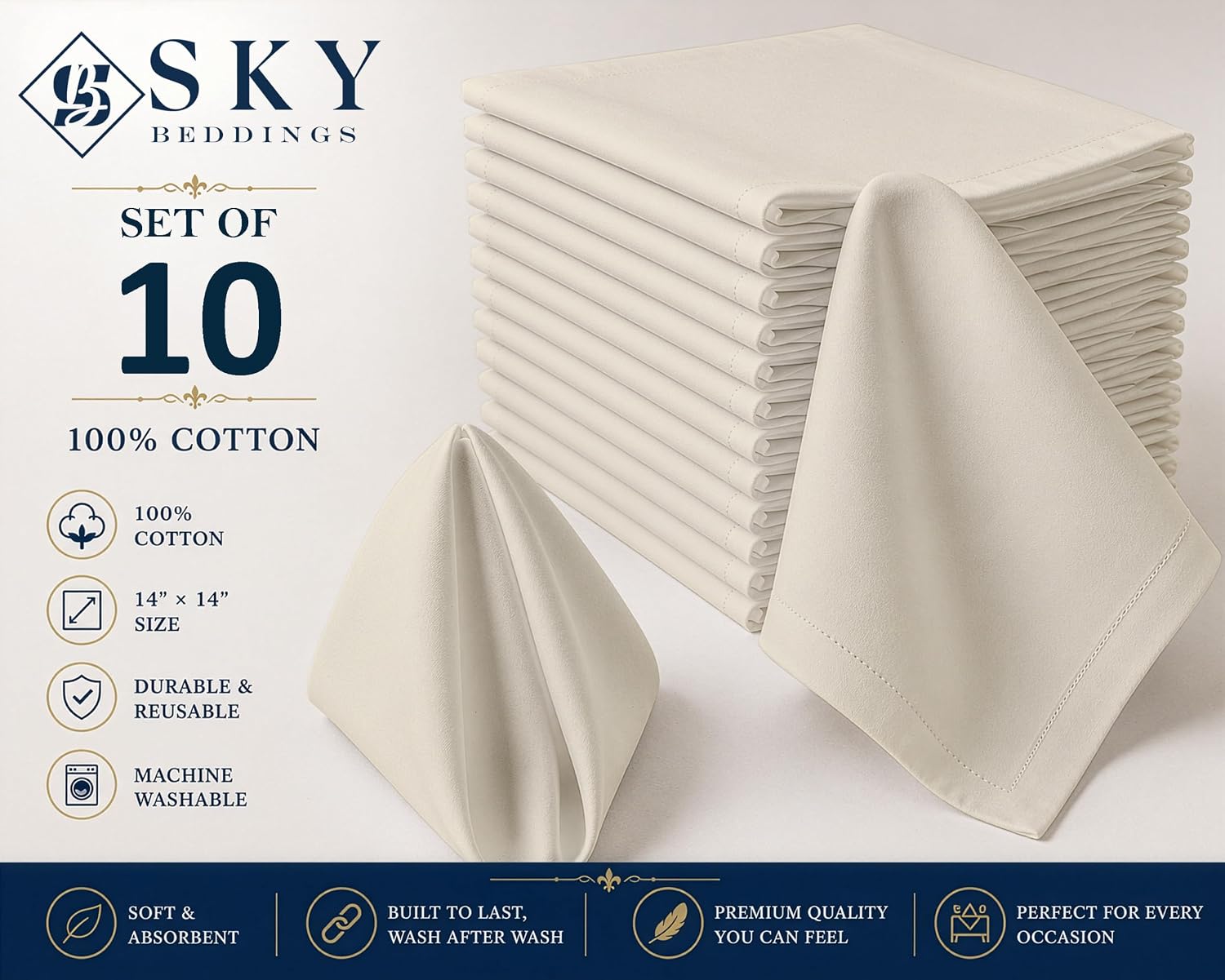 SKY BEDDINGS Cloth Dinner Napkins Set of 10, 100% Cotton 14"x14" - Ivory