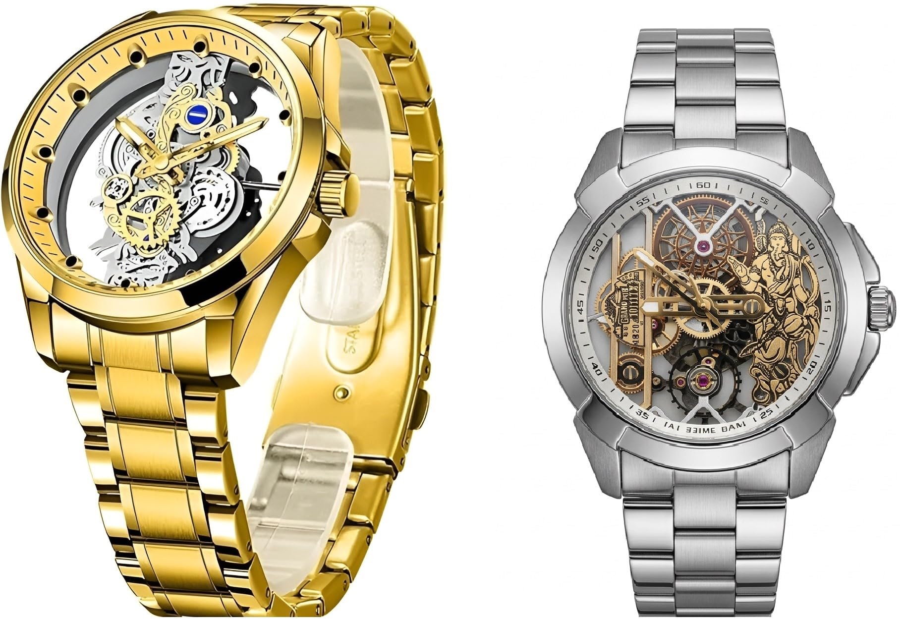 combo men's automatic mechanical watch, gold tone stainless steel, skeleton dial, self-winding & ram janmabhoomi rose gold edition watch for men elegant finish (silver & gold) pack of 2