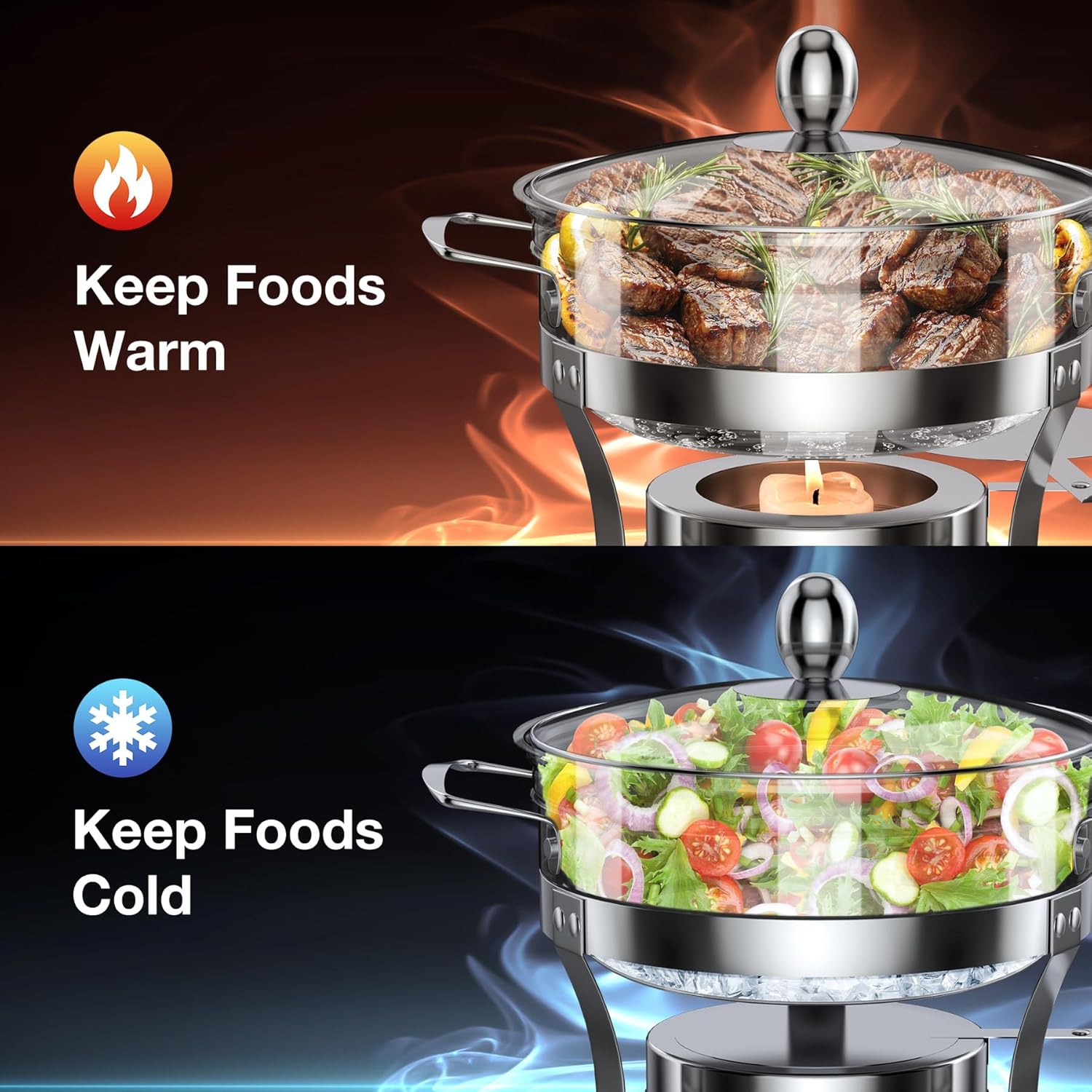 Mini Chafing Dishes for Buffet 1QT 4 Pack with Glass Lids, Round Food-Grade Chafers and Buffet Warmers Sets with Rolled Rim Design, Dishwasher Safe Individual Shabu Hot Pot for Party, Banquet