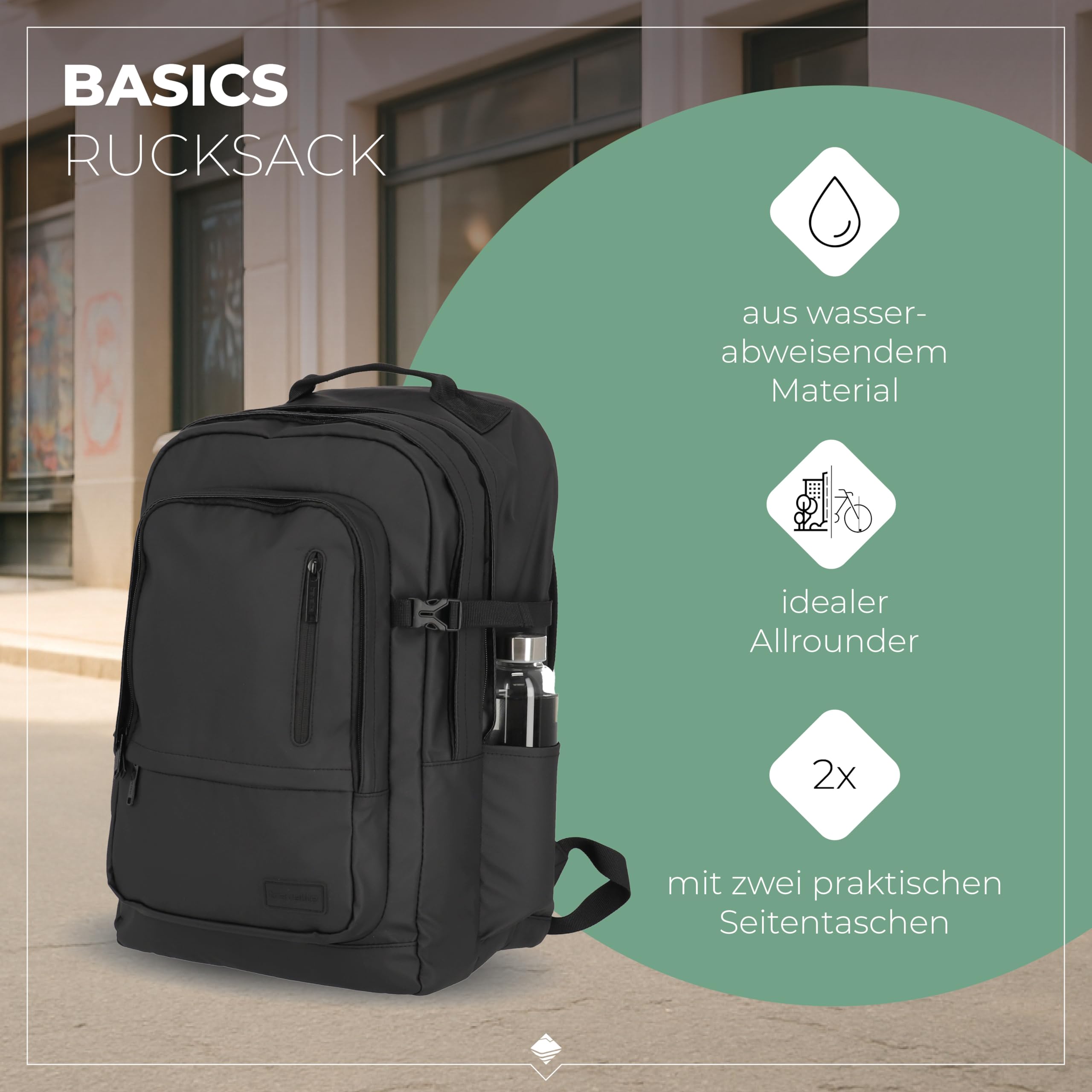 Travelite Rucksack aus wasserabweisendem Material, gepolstertes Laptop Fach 15,6 Zoll, BASICS Tagesrucksack mit Aufsteckfunktion, 48 cm, 28 Liter, 900 Gramm
