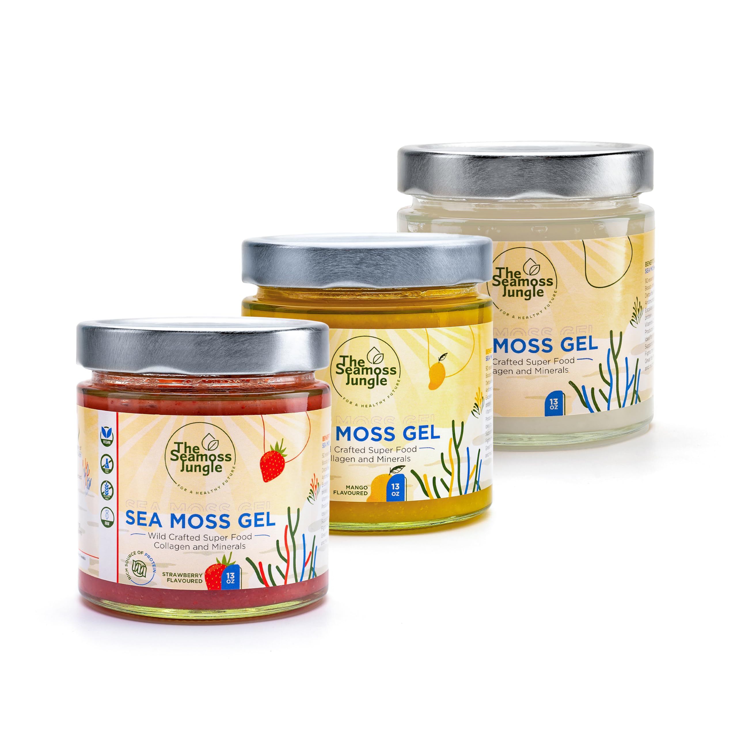 Sea Moss Family Bundle – 3 Sea Moss Gel's (Golden, Erdbeere, Mango) – Jeweils 500 ml – Natürliches Superfood für Immunsystem, Energie & Verdauung