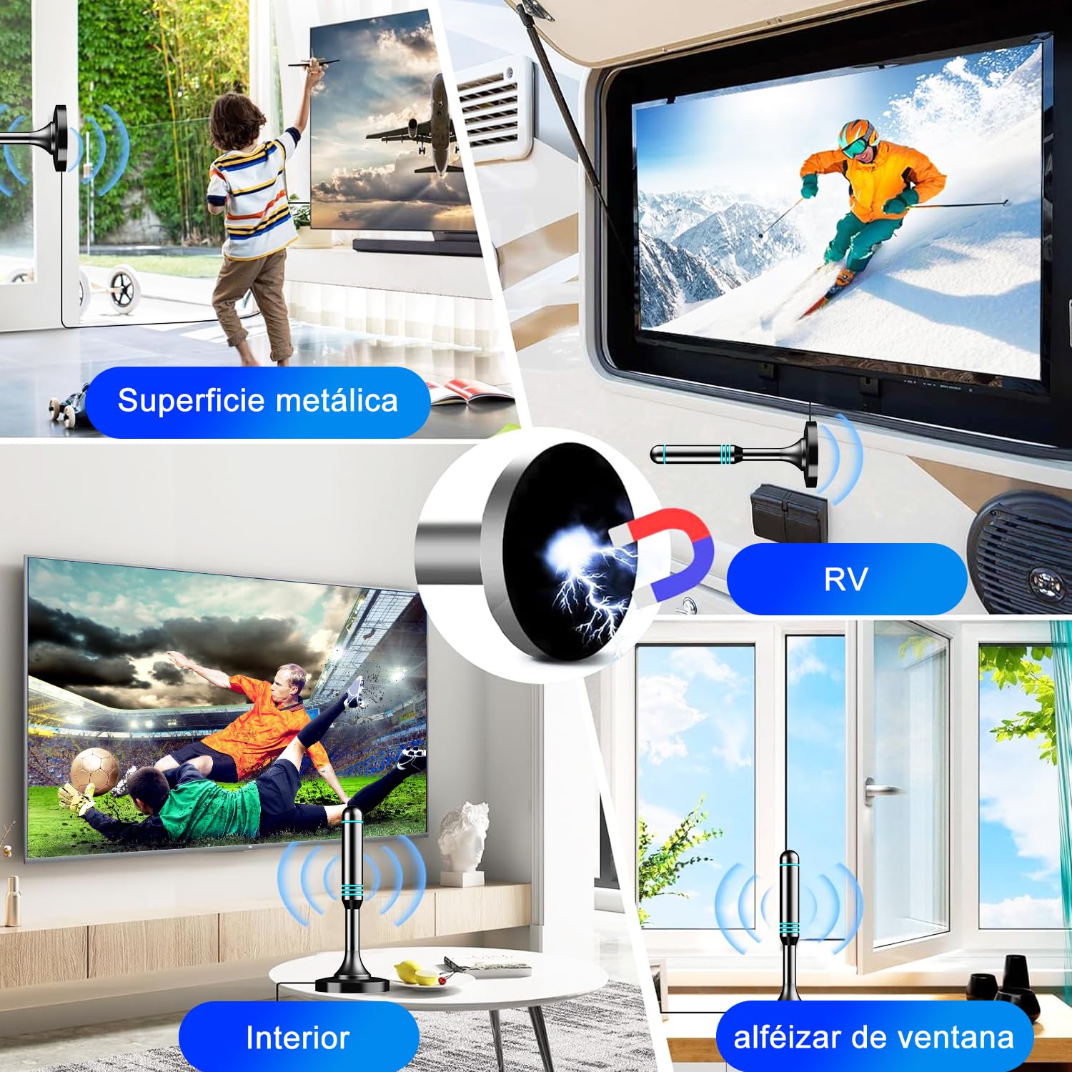 Antena TV Interior TDT HD 1080P 4K, Antena Portátil con Base Magnética, Recepción de Larga Distancia, Compatible con DVB-T/DVB-T2 y Smart TV, Acceso a Canales Locales Sin Suscripción