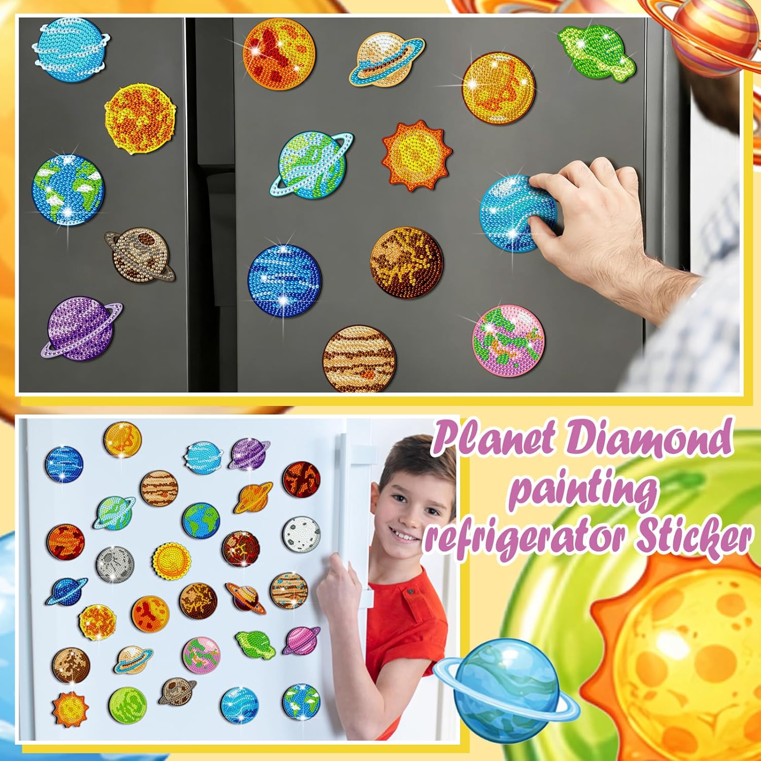 Remuuly 30 Pcs Universe Planets Diamond Painting Magnets Space Landscape Diamond Art Magnet Kits for Adults Outer Space Planet 5D Rhinestones Refrigerator Magnetic Stickers for Fridge DIY Crafts Gifts