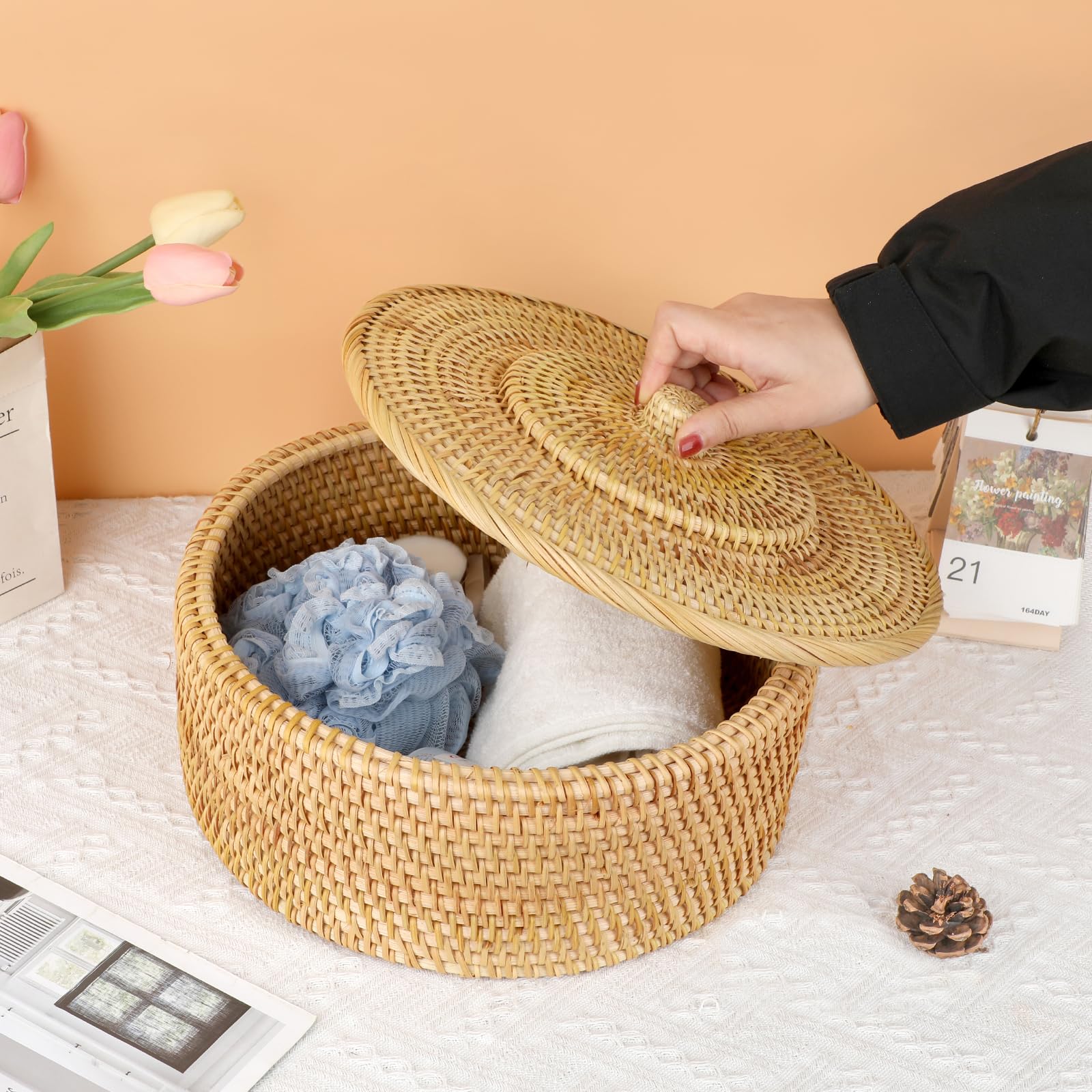 SUMTree Rattankorb Aufbewahrungskorb mit Deckel Dekorative Box Organizer für Regal, Haus, Küche (rund, 30 x 12 cm)