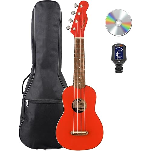 Fender Limited Edition Venice Soprano Ukulele - Fiesta Red Bundle with Gig Bag, Tuner, and Austin Bazaar Instructional Video