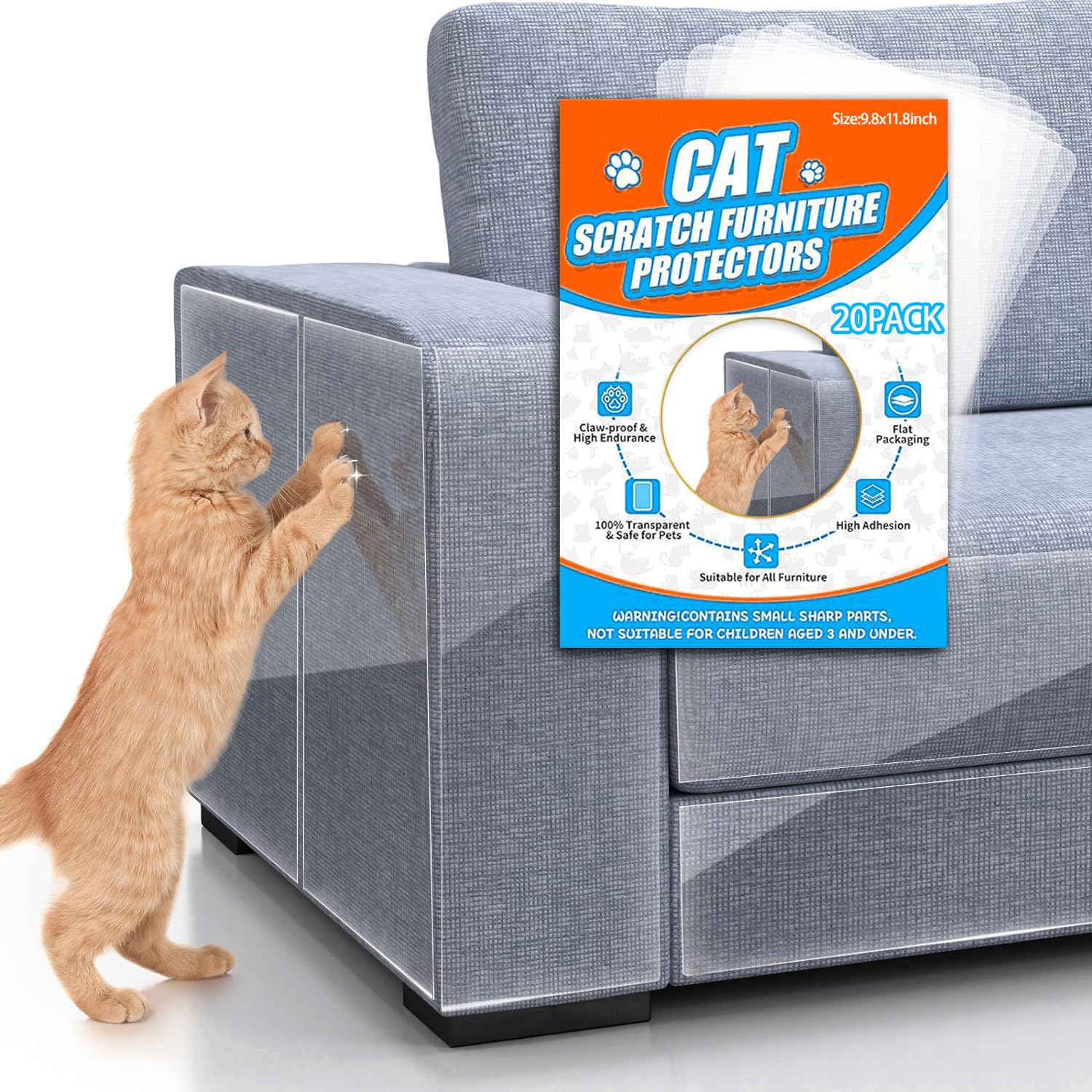 BananaHome 20Pack Anti Cat Scratch Furniture Protector- Single Side Couch Protector for Cats, Self-Adhesive Cat Tape for Furniture, Clear Cat Scratch Deterrent for Furniture Door Walls (20pack Clear)